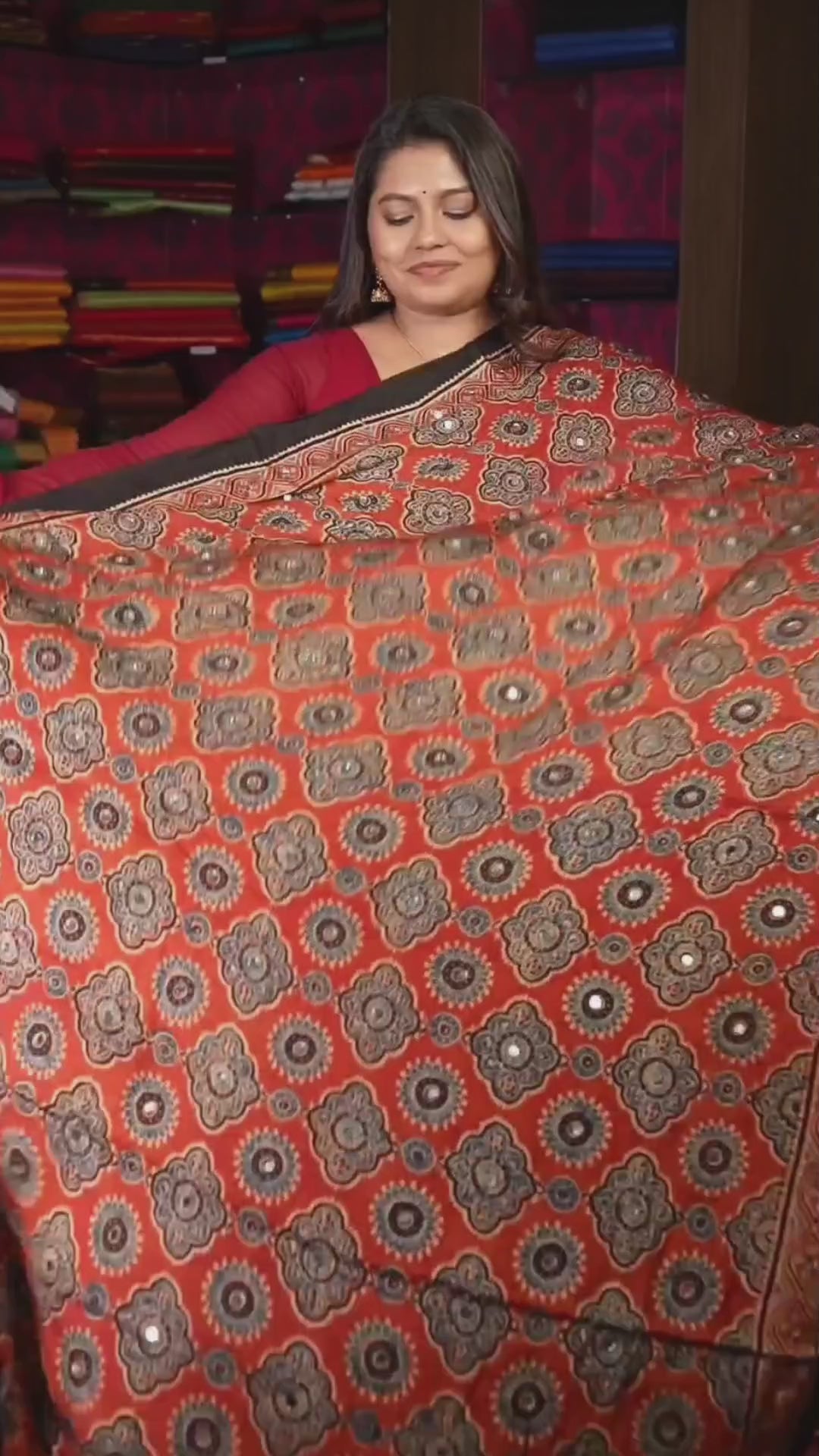 Red And Black Mirror Work Ajrakh Modal Silk Saree