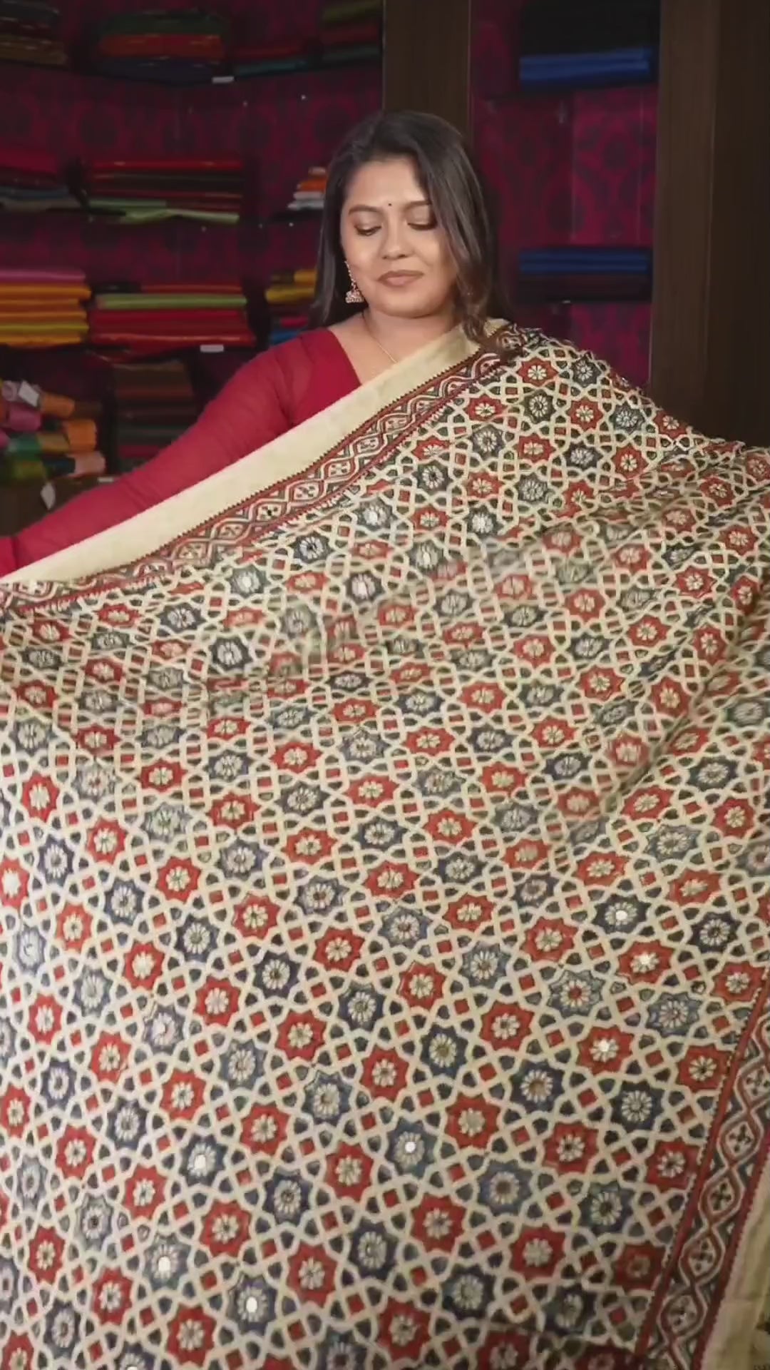 Cream Mirror Work Ajrakh Modal Silk Saree