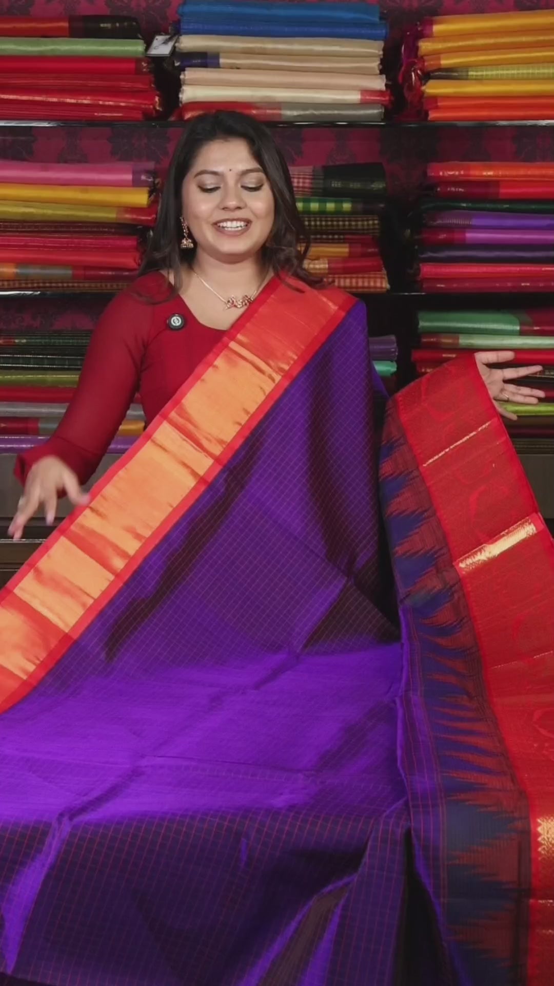 Dark Navy Blue With Red  Pure Kanchi Silk Cotton Saree