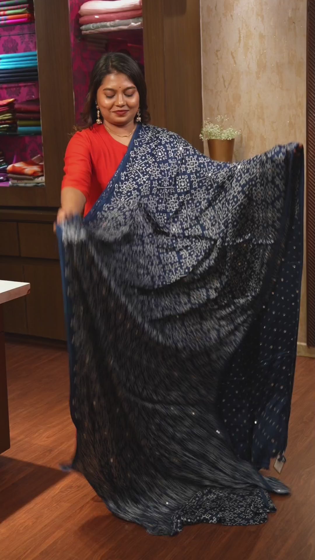 Blue Mirror Work Ajrakh Modal Silk Saree