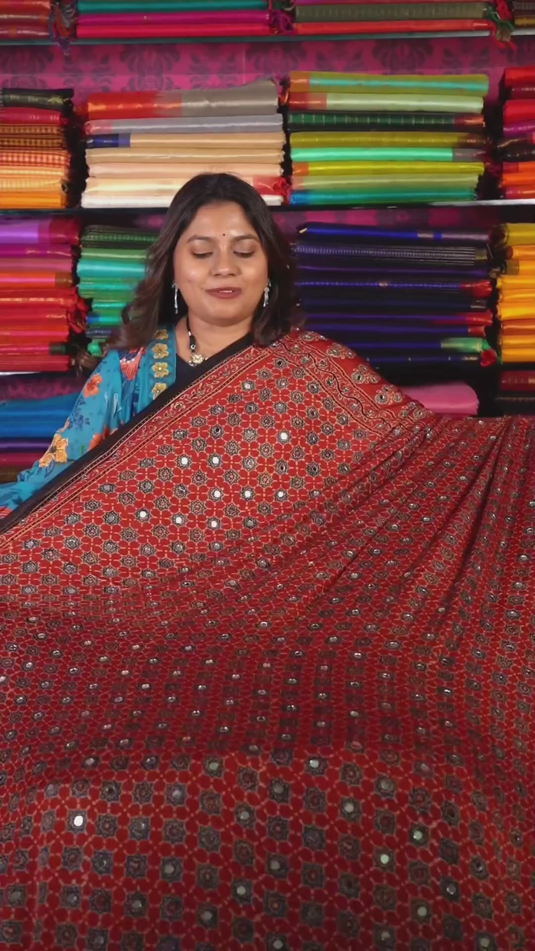 Maroon Mirror Work Ajrakh Modal Silk Saree