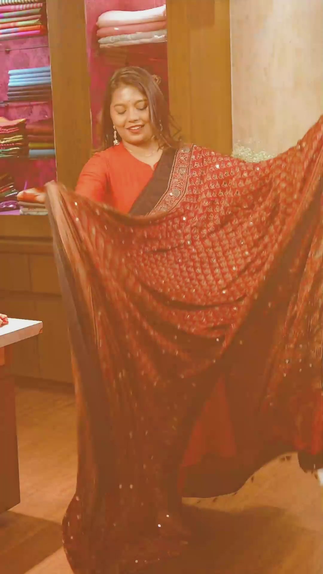 Maroon Lotus Motif Mirror Work Ajrakh Modal Silk Saree