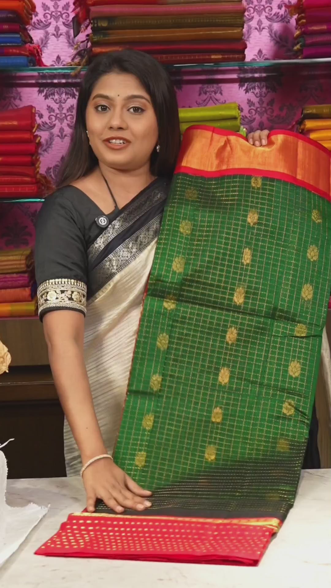 Emerald Green With Red Pure Silk Cotton Saree