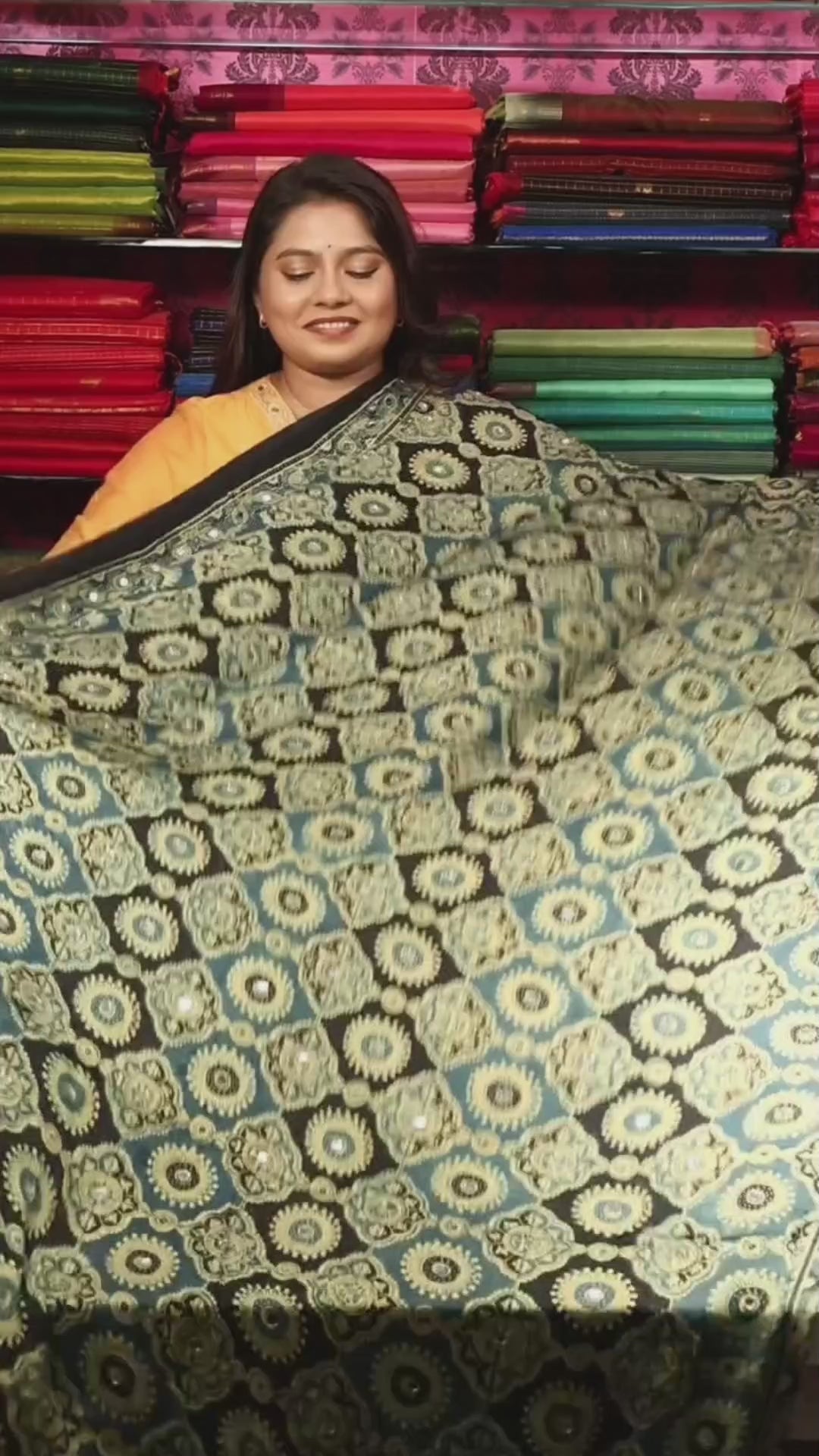 Ash Mirror Work Ajrakh Modal Silk Saree