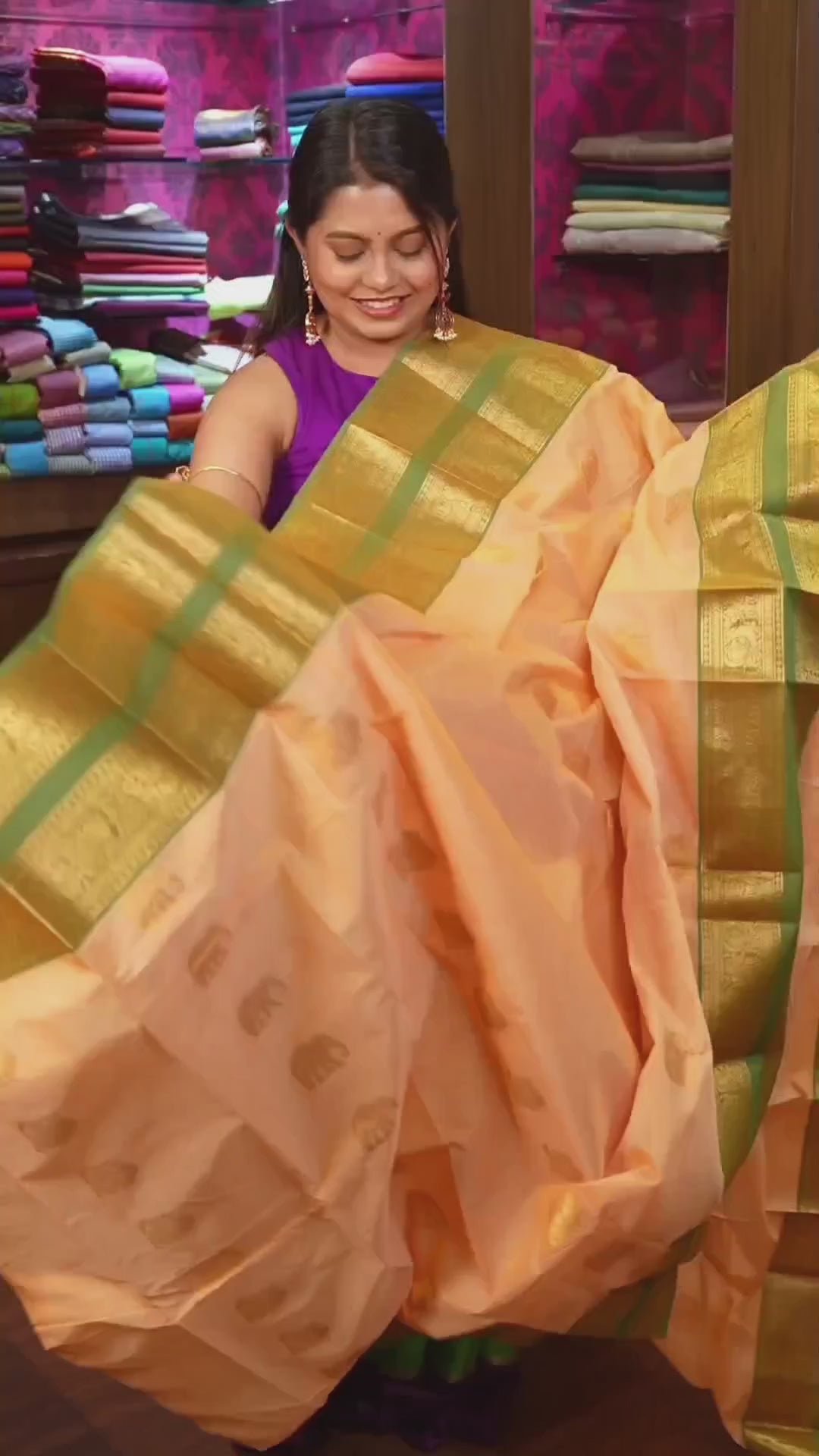 Peach With Green Kanchi Cotton Saree