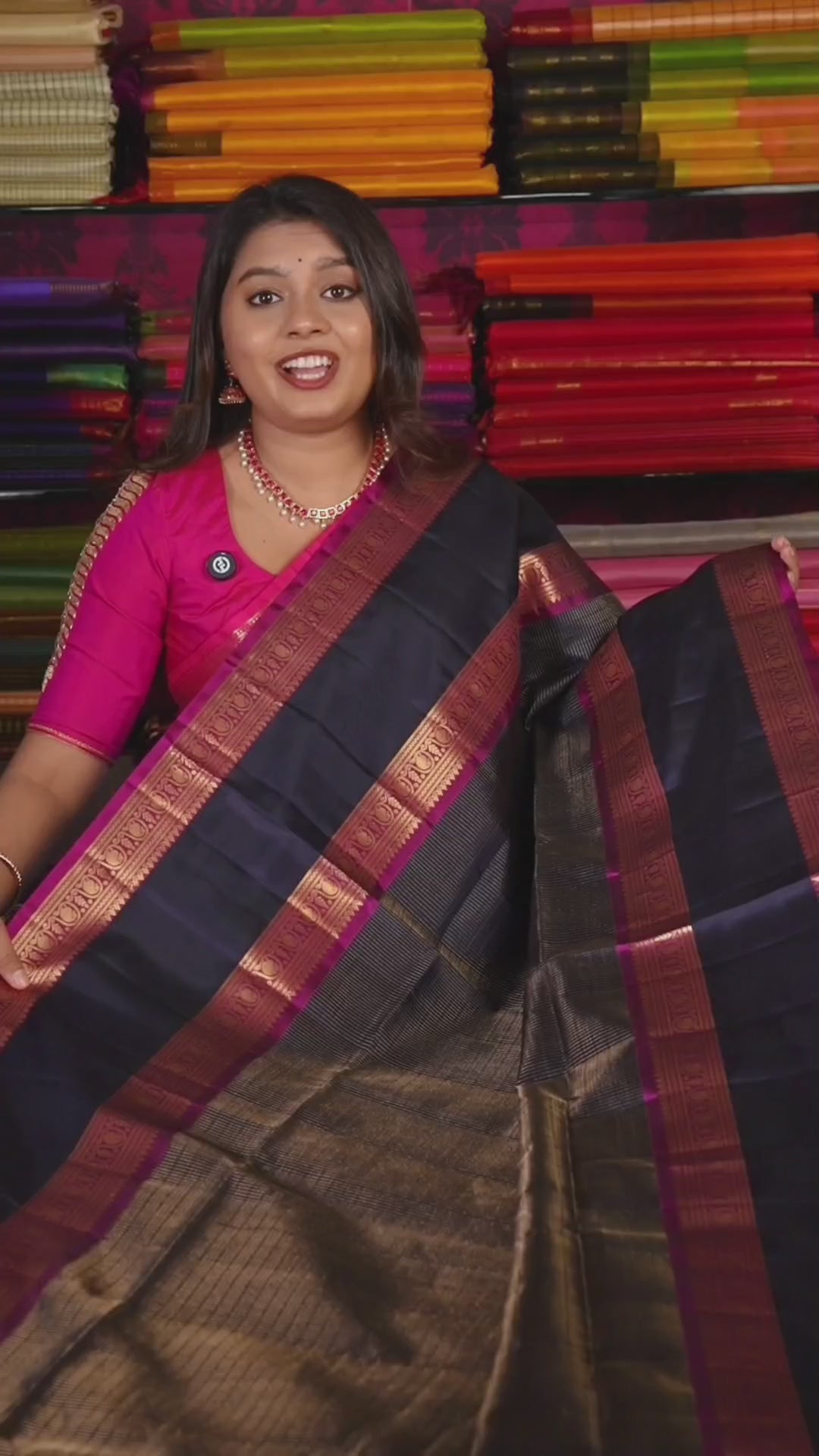 Dark Navy Blue With Magenta Pink Rettapetta Border Payadi Pure Soft Silk Saree