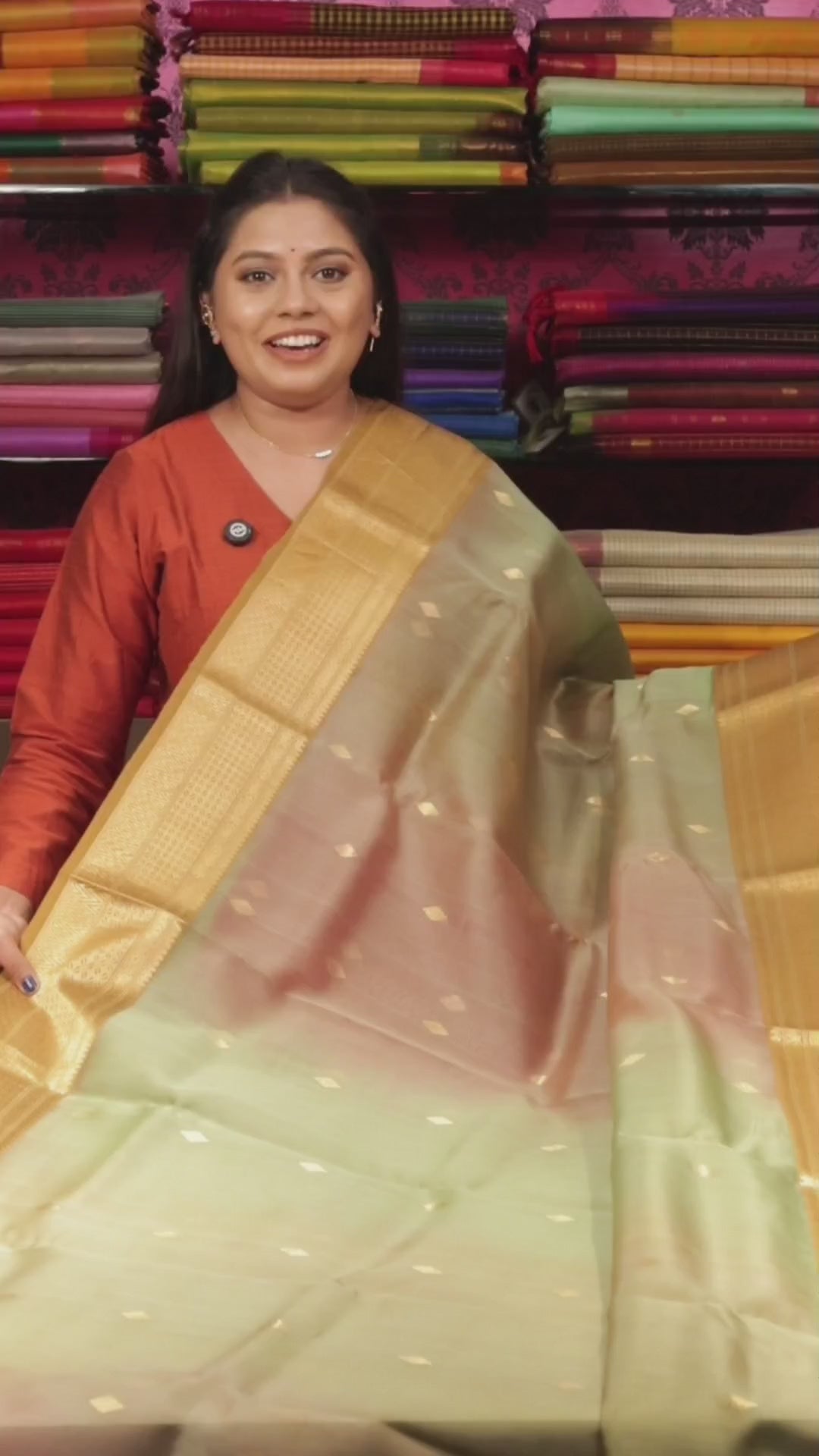 Olive Green With Red Chanderi Katan Silk Handloom Saree