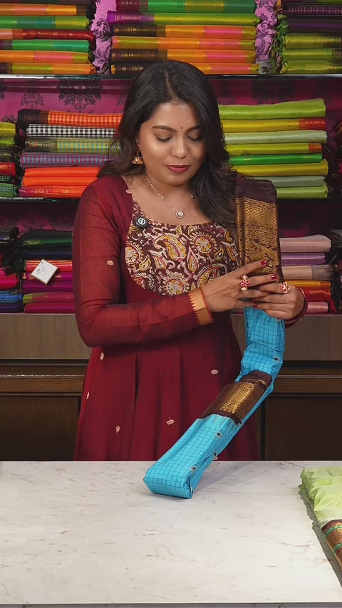 Sky Blue With Brown Semi Gadwal Silk Saree