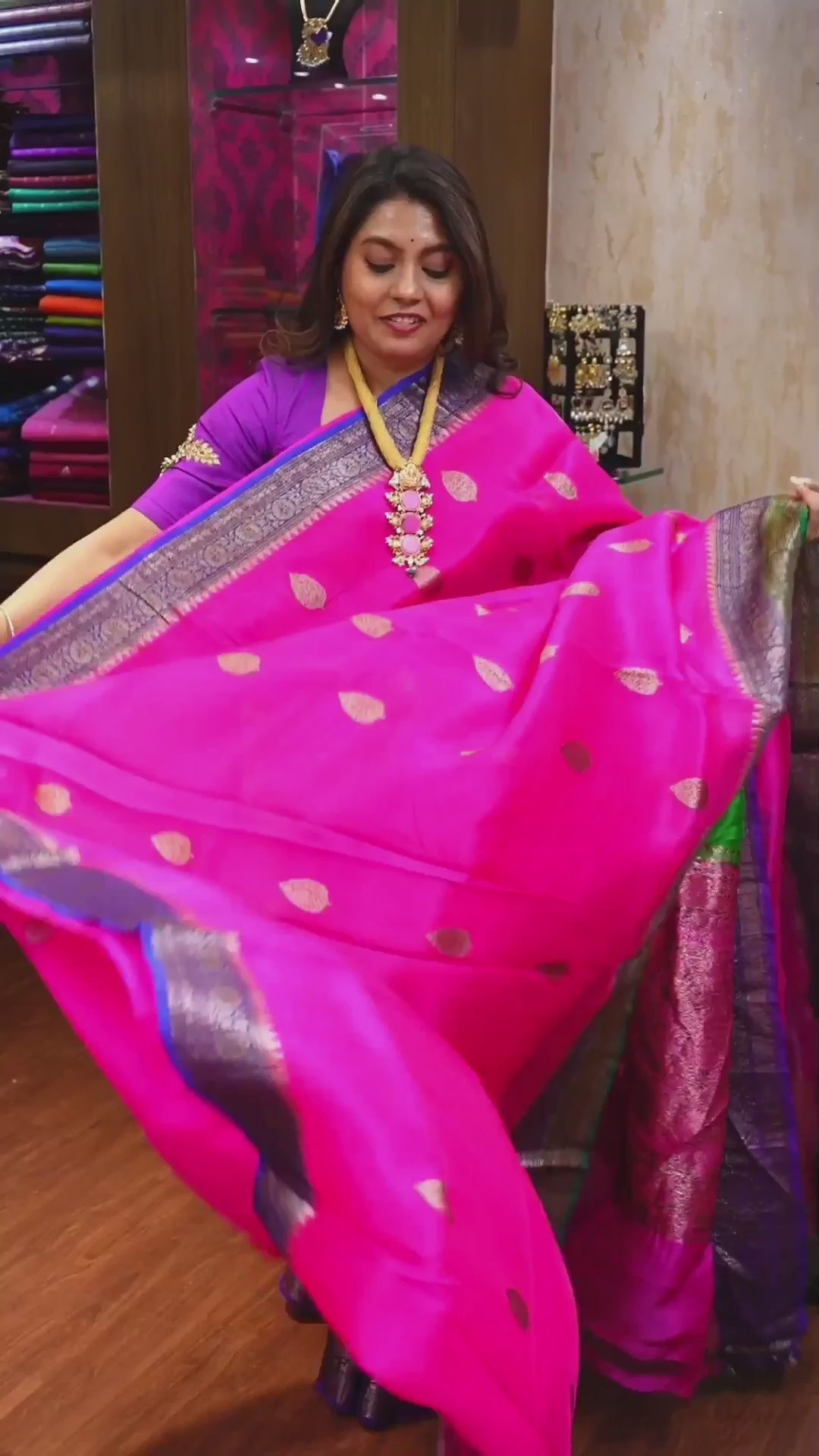 Pink With Green Banarasi Organza saree