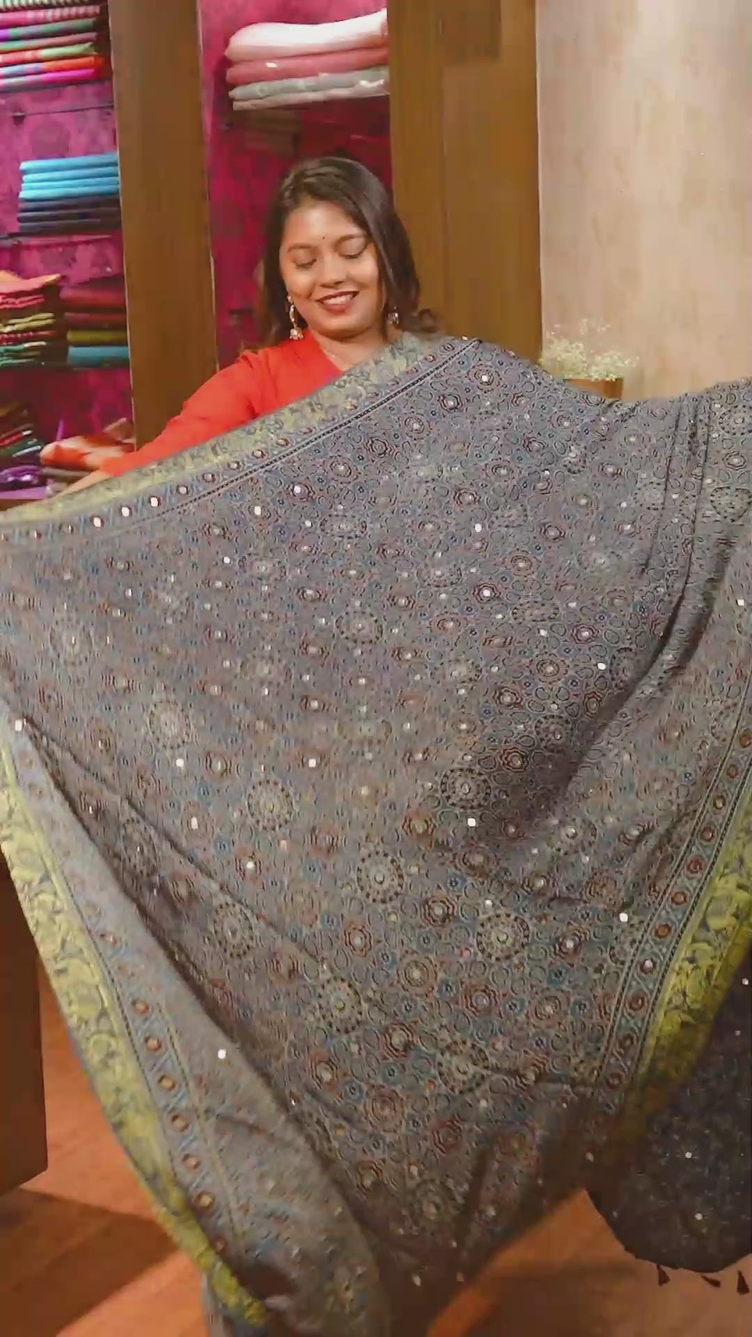 Blue Mirror Work Ajrakh Modal Silk Saree