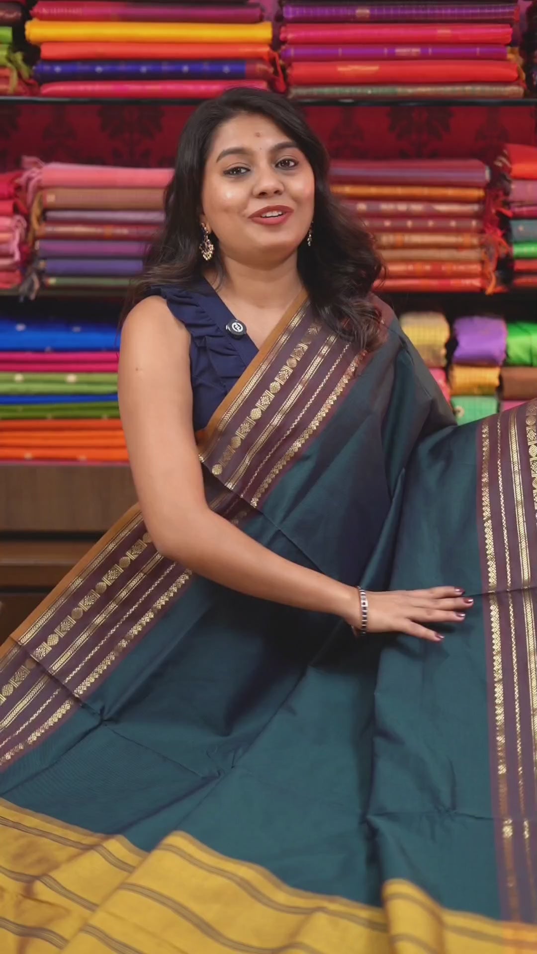 Peacocok Blue Mustard Yellow Semi Silk Cotton Saree