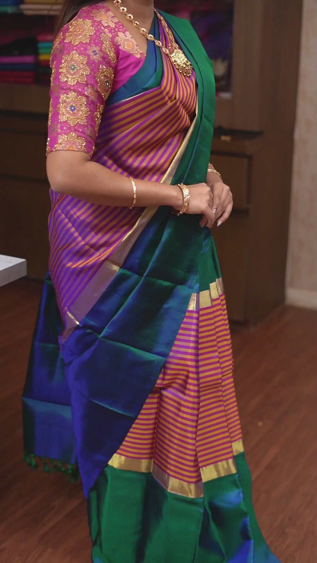 Peacock Blue With Stripes Pure Kanchivaram Silk Saree
