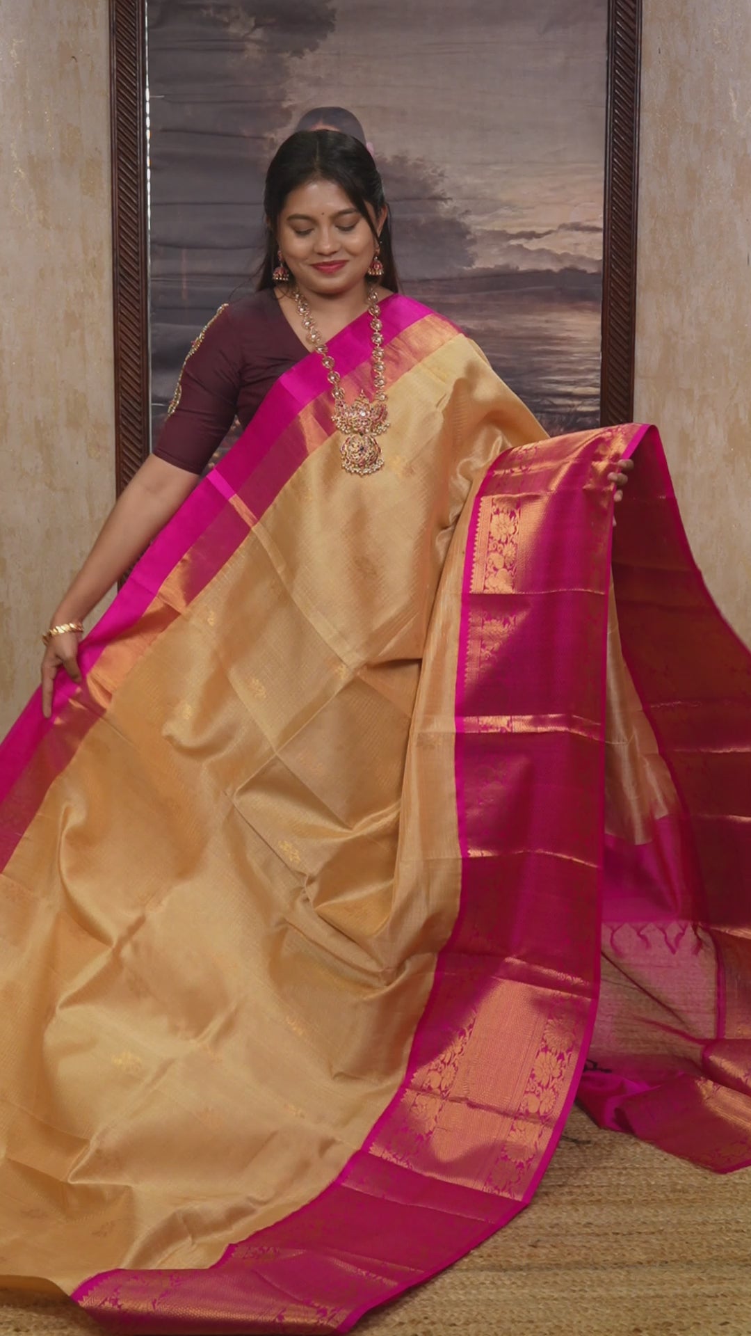 Sandal With Pink Pure Silk Cotton Saree