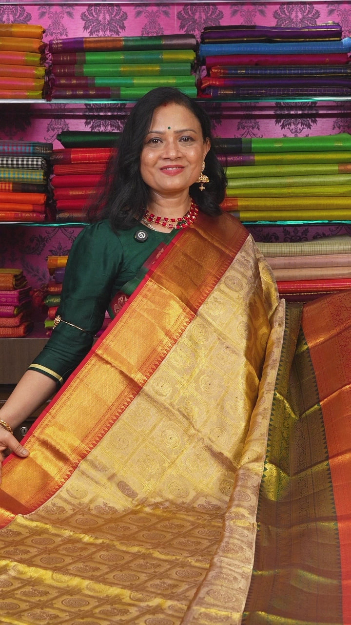Golden With Red And Green Pure Kanchivaram Silk Saree