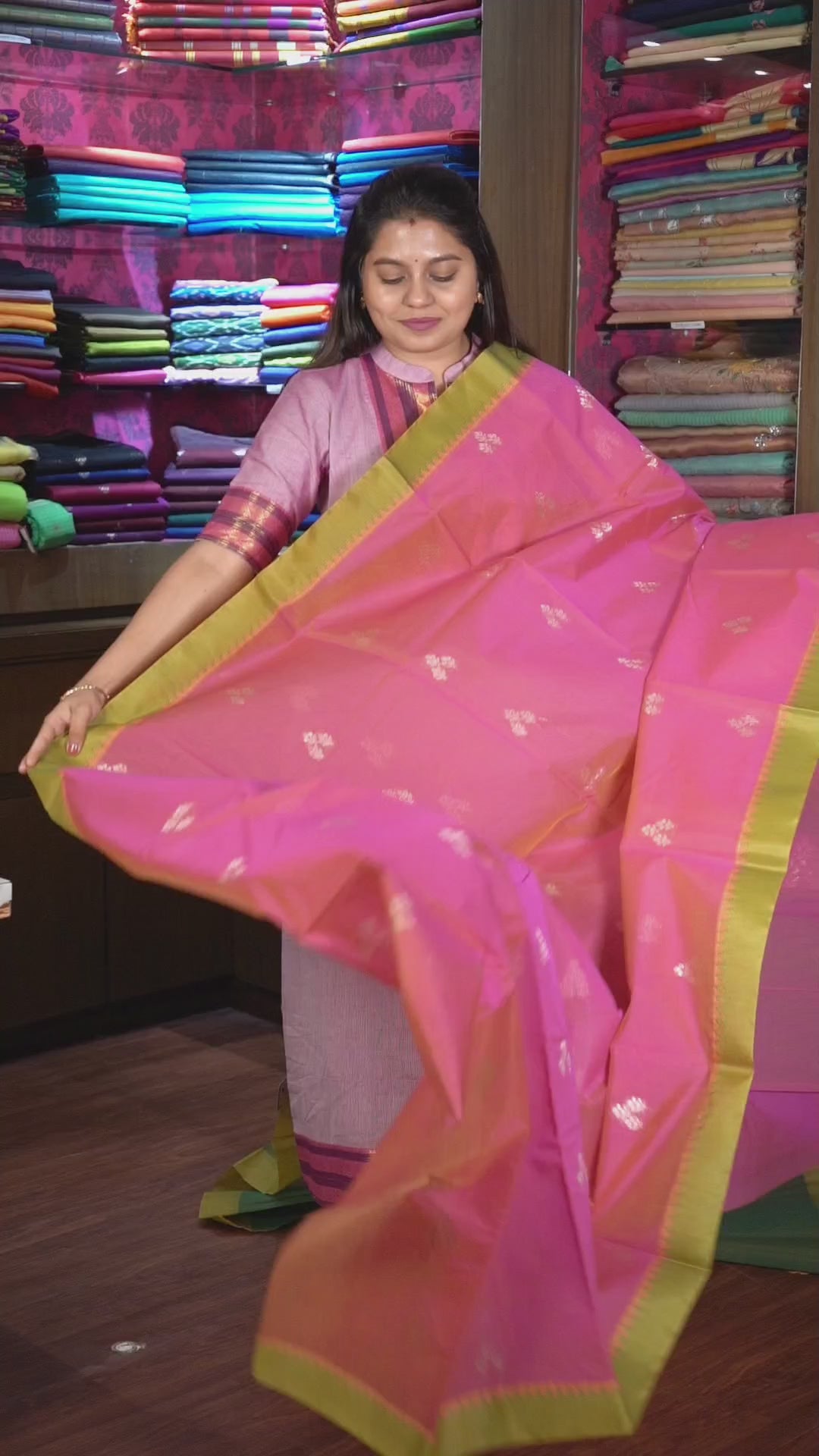 Pink With Green Semi Silk Cotton Saree