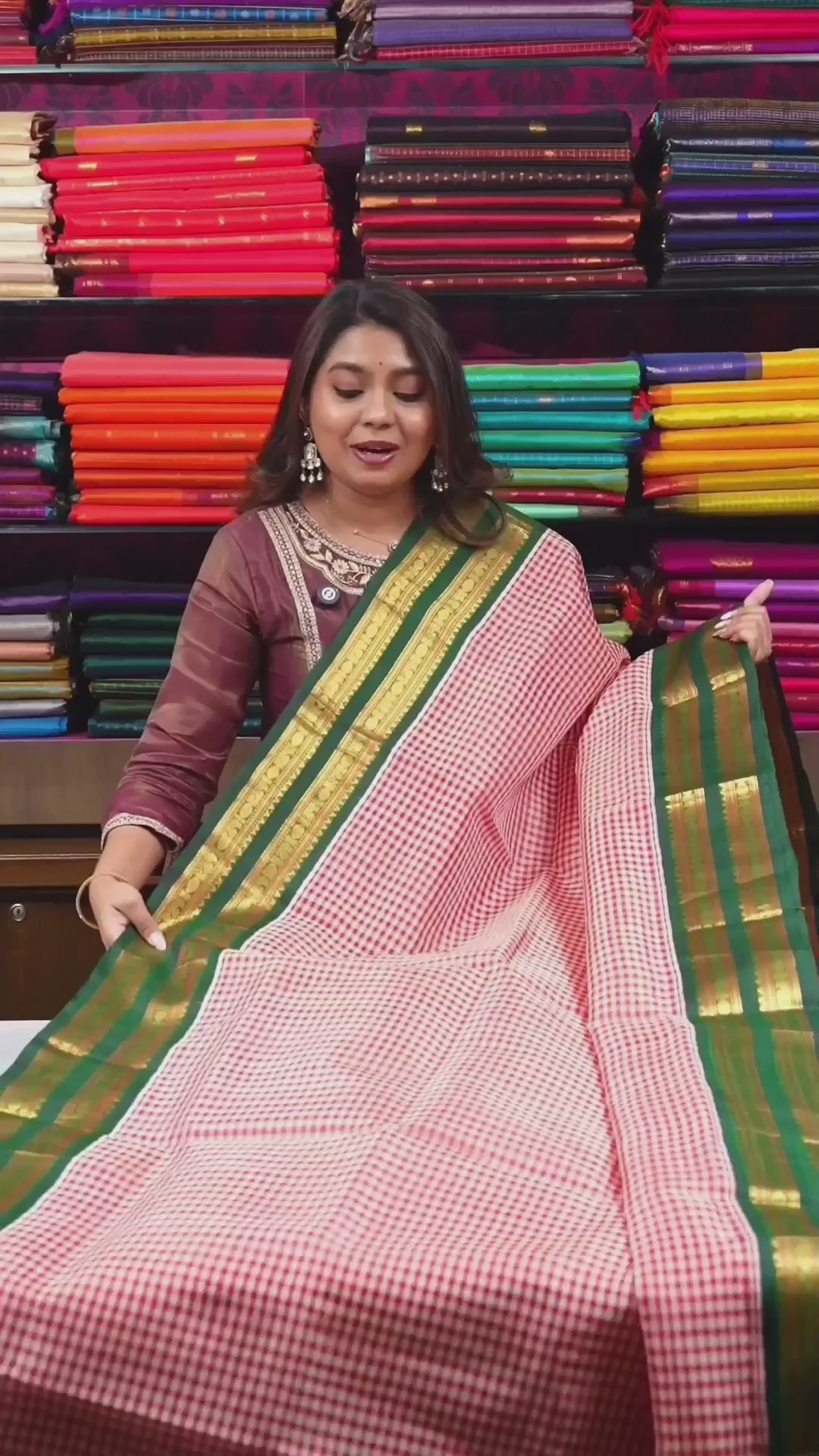 Red Checked With Green Pure Silk Cotton Saree