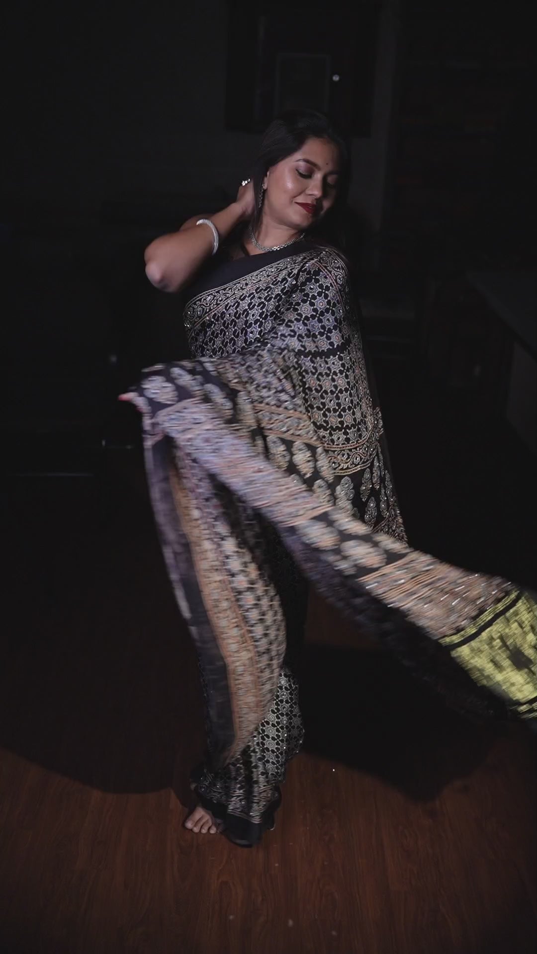 Black Mirror Work Ajrakh Modal Silk Saree