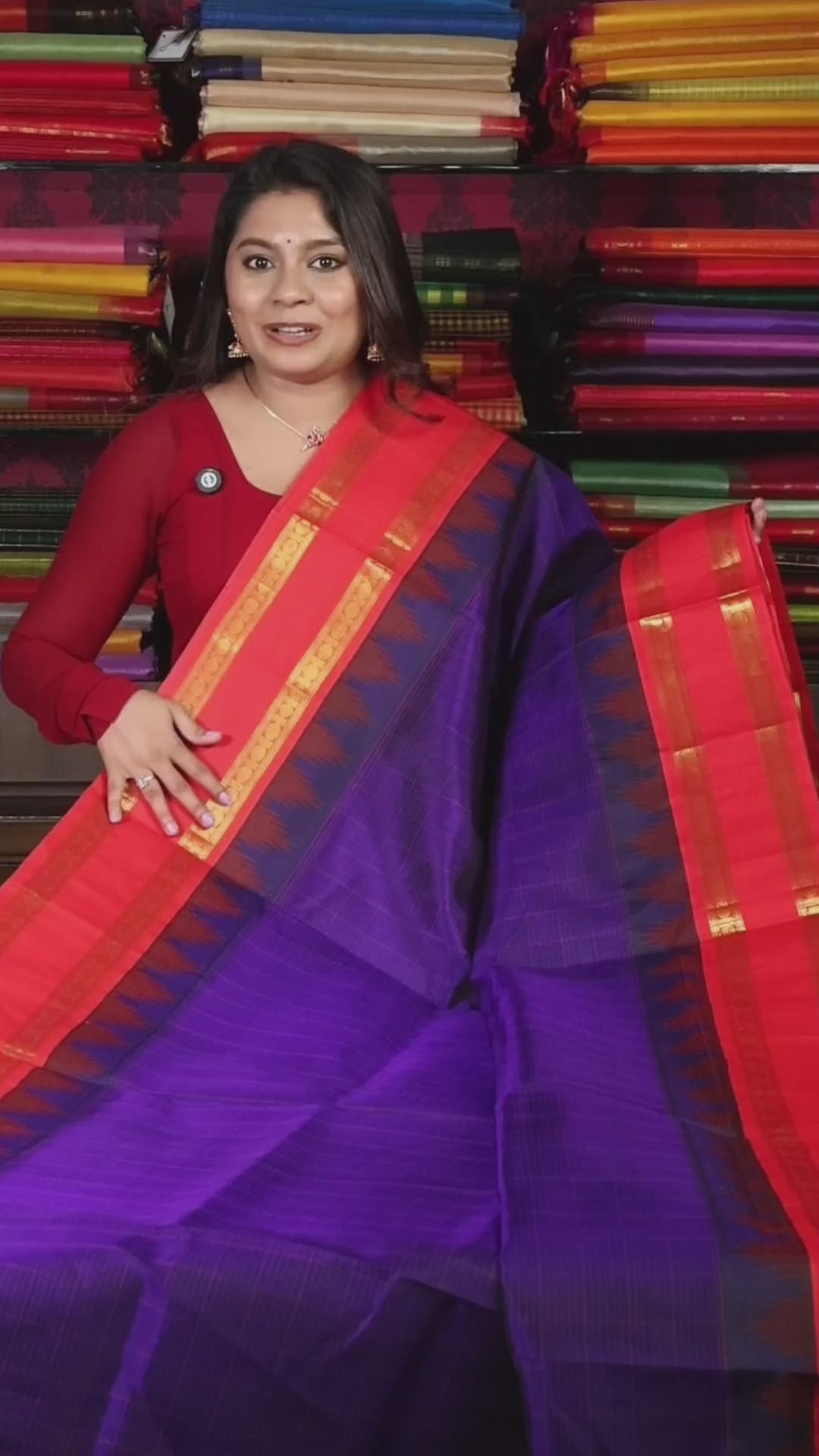 Dark Navy Blue With Red Pure Kanchi Silk Cotton Saree