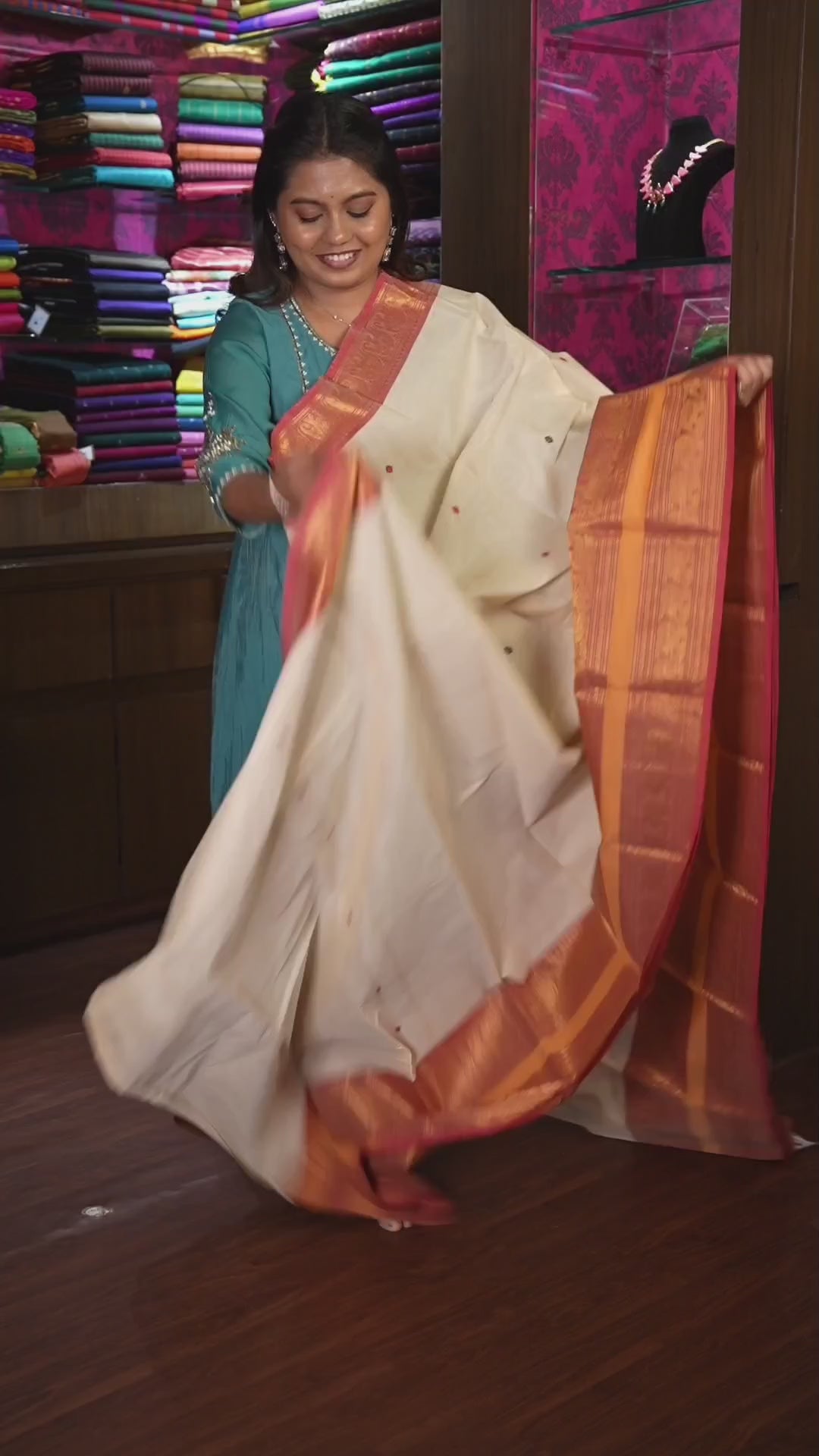 Beige With Red Kanchi Cotton Saree