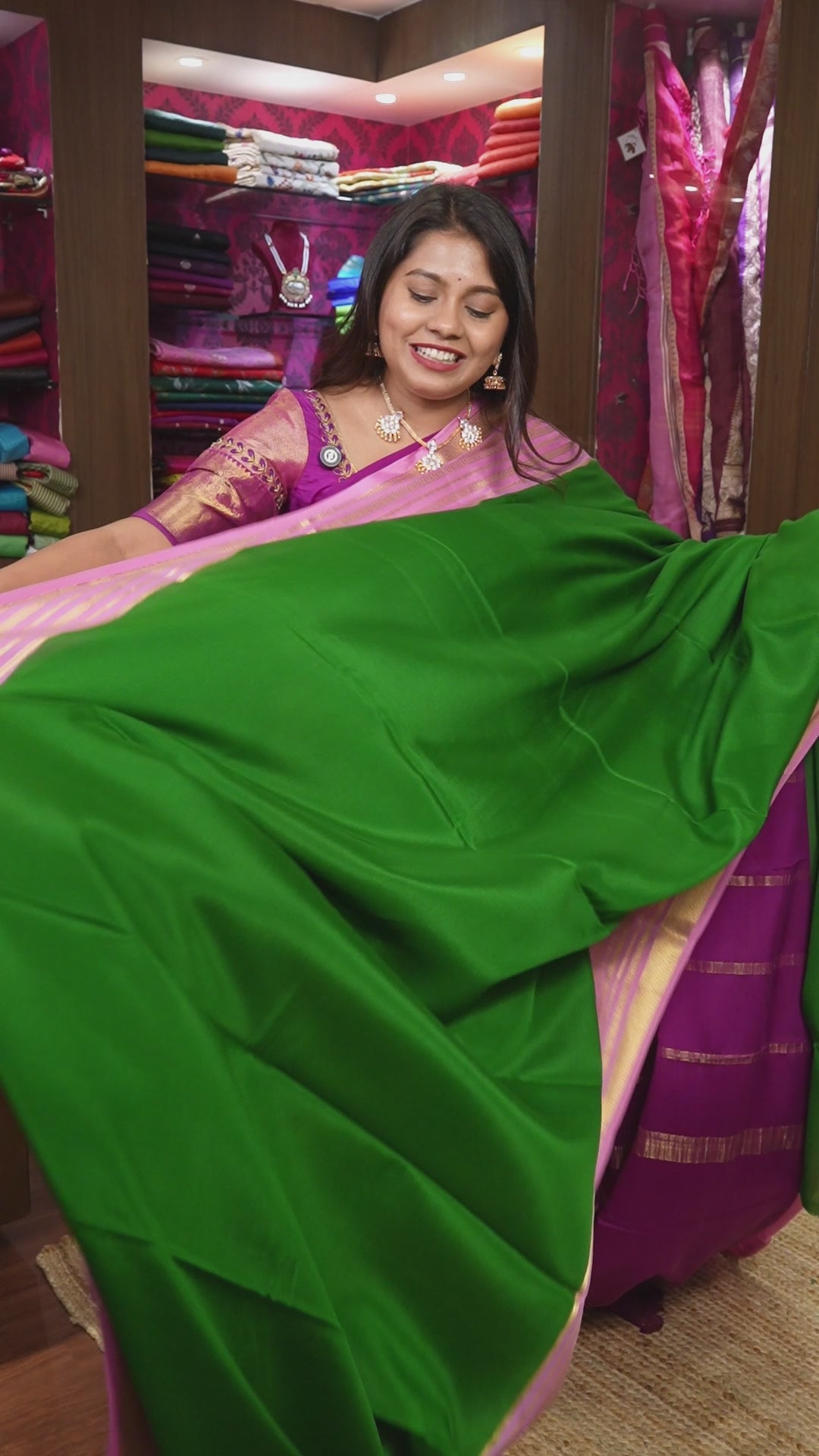 Green With Pink Mysore Silk Saree