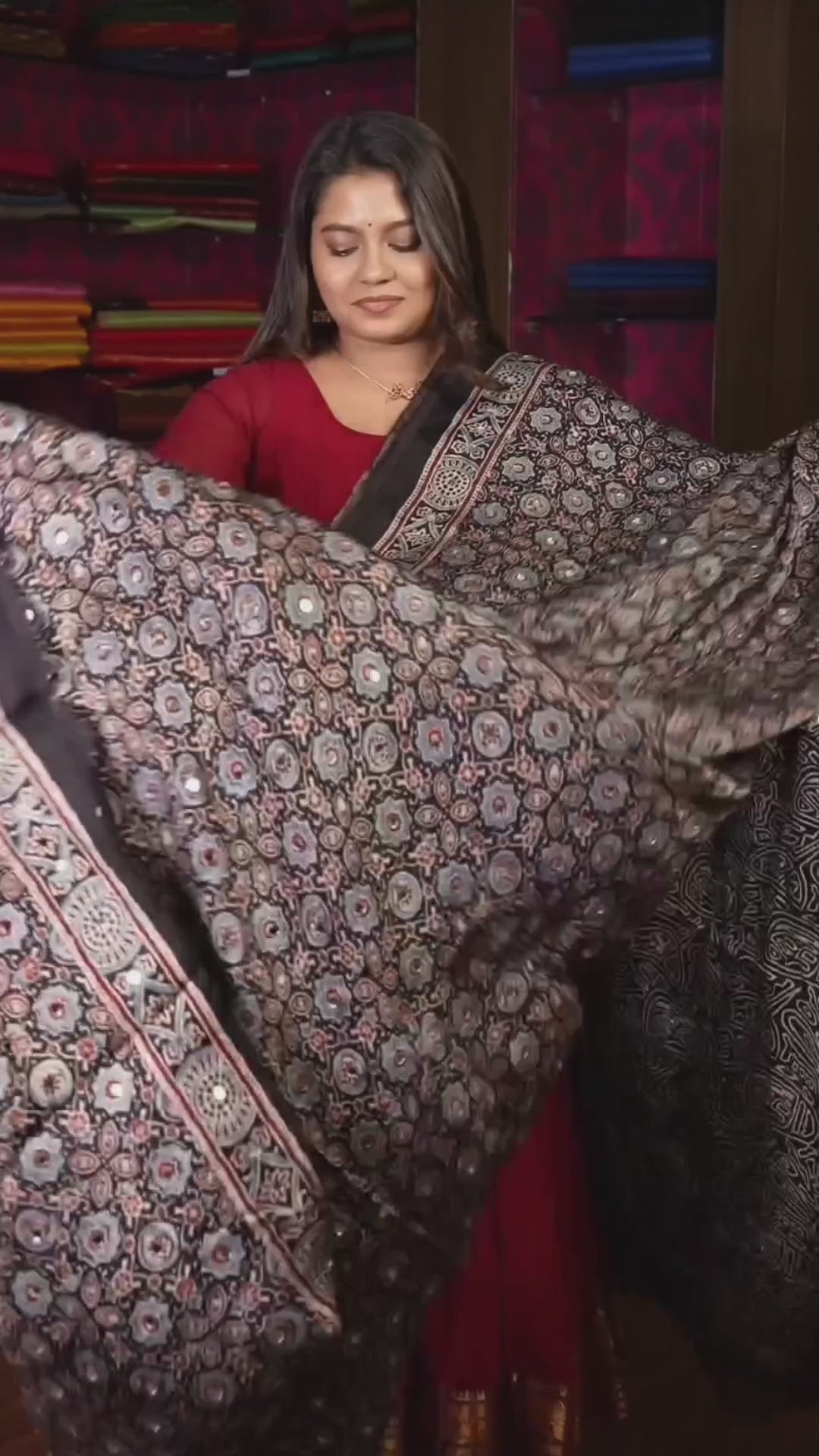 Black Mirror Work Ajrakh Modal Silk Saree