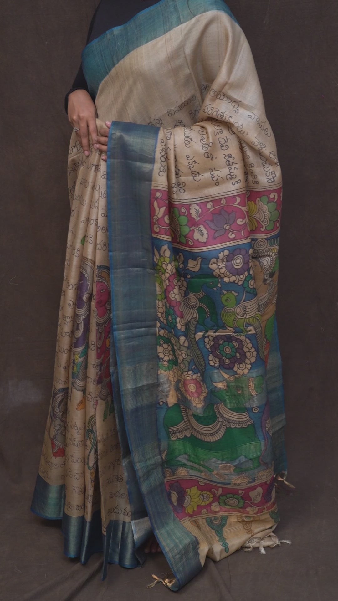 Pen Kalamkari Pure Tussar Silk Saree