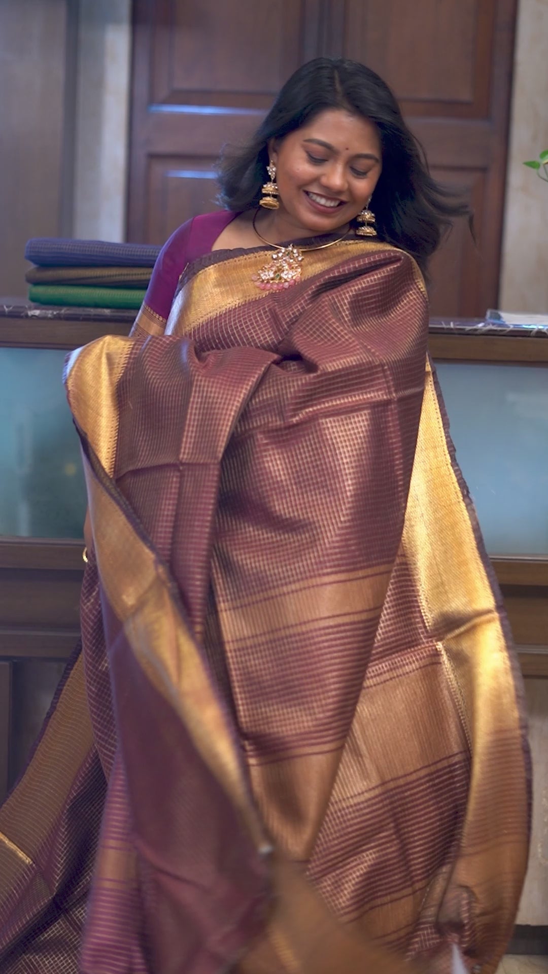 Red Brown Maheshwari Saree