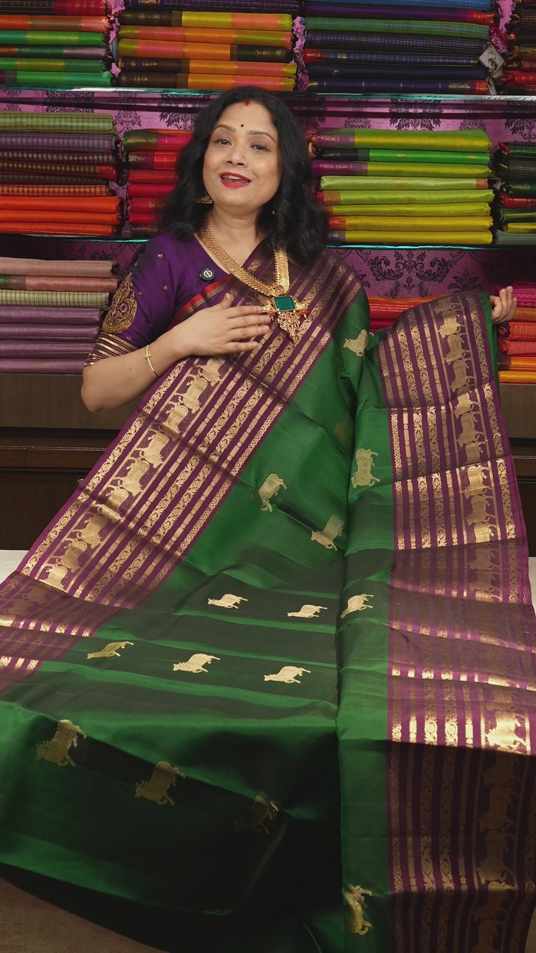Peacock Green With Purple Pure Kanchivaram Silk Saree