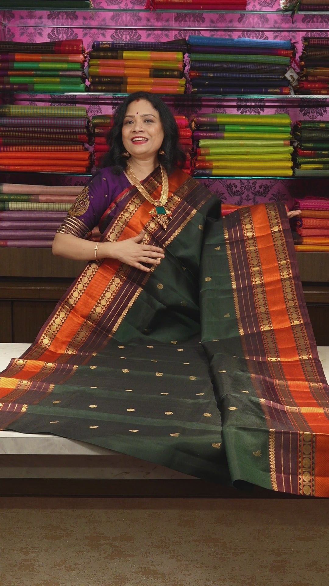 Dark Green With Maroon And Orange Border Pure Kanchivaram Silk Saree