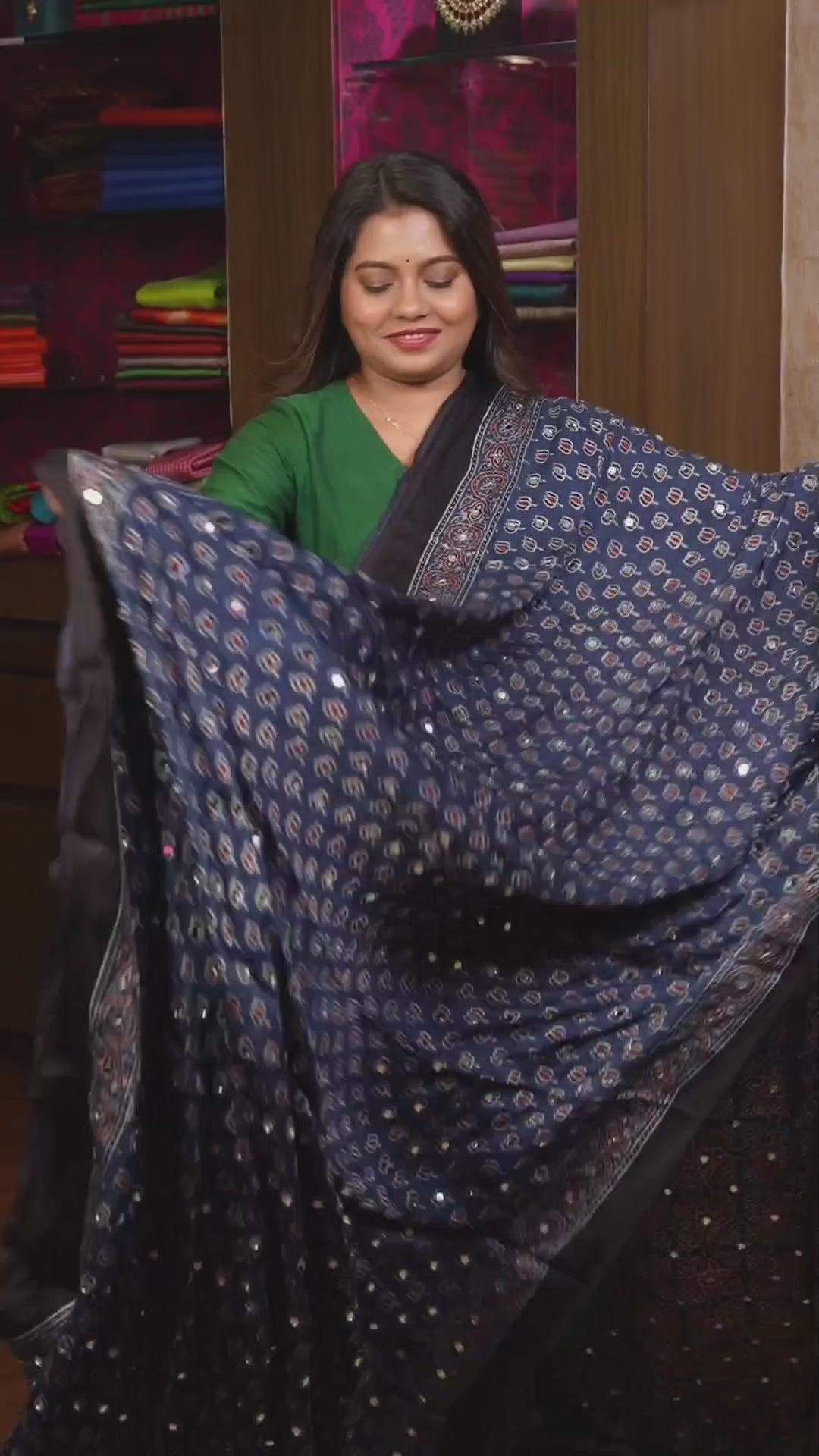 Blue Lotus Motif Mirror Work Ajrakh Modal Silk Saree