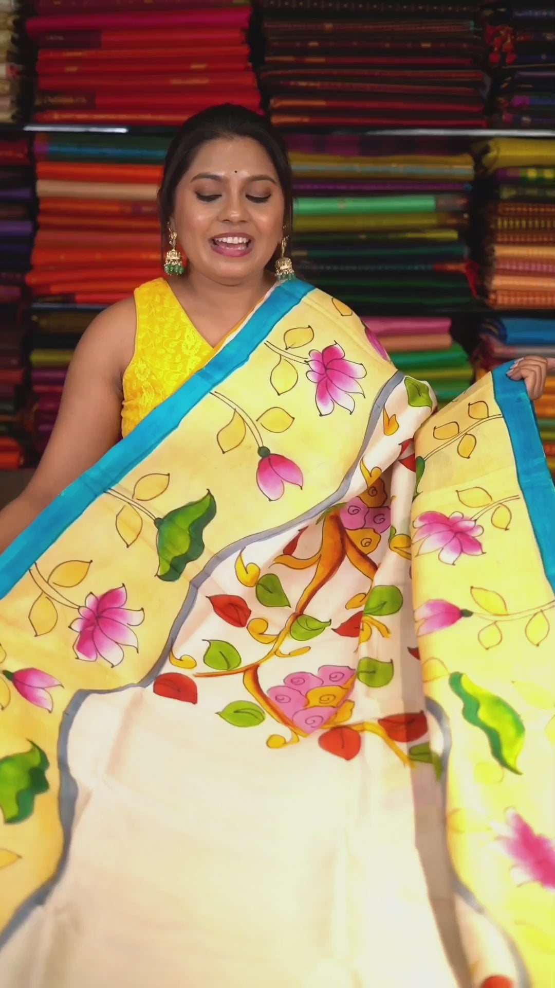 White Handpainted Floral Pure Tussar Silk Saree