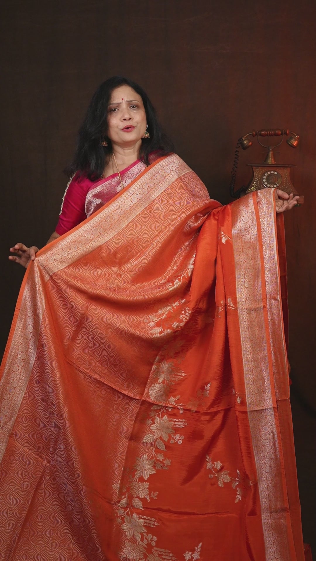 Rust Orange Banarasi Satin Silk Saree