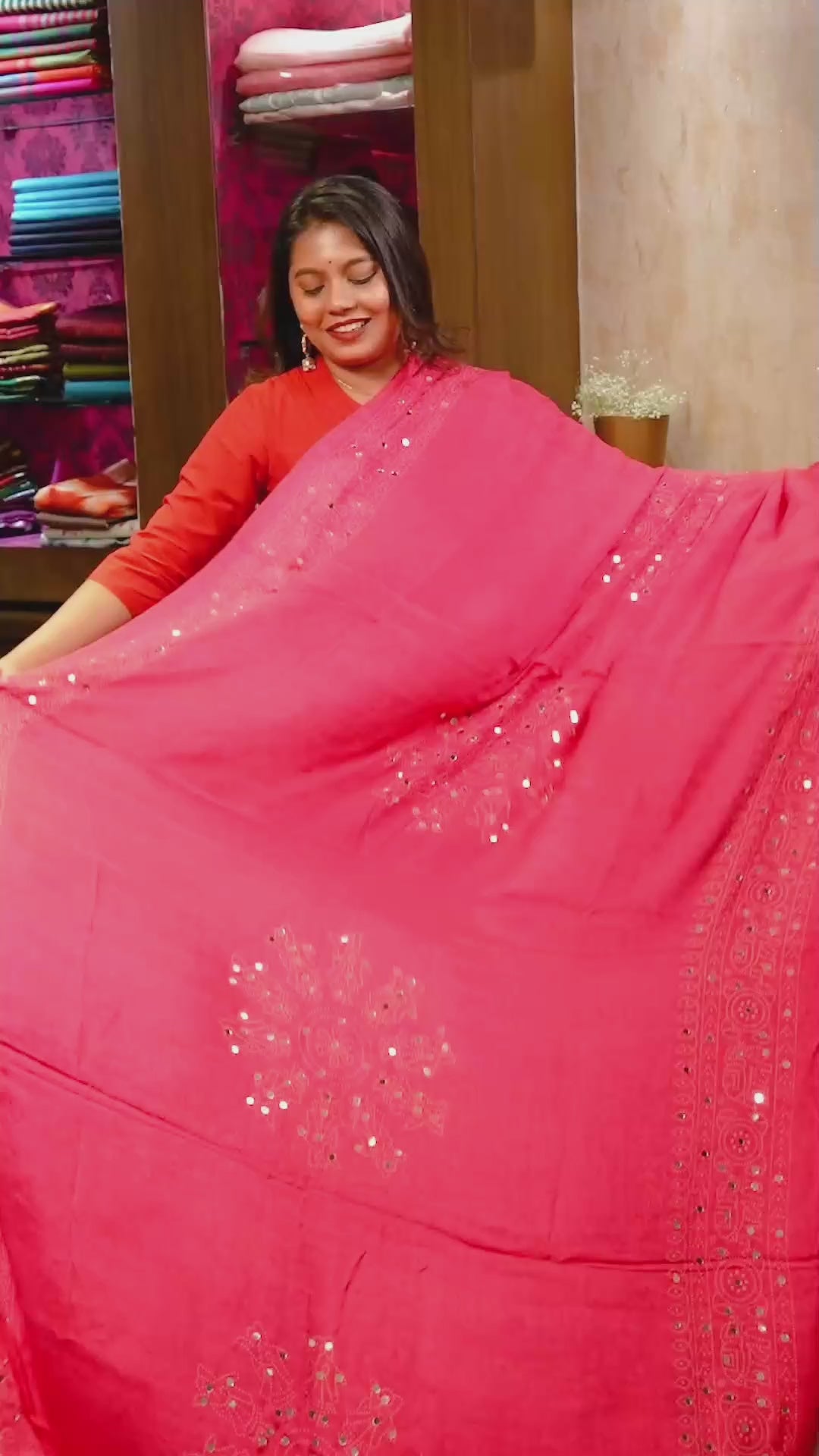Magenta Pink Mirror Work Ajrakh Modal Silk Saree