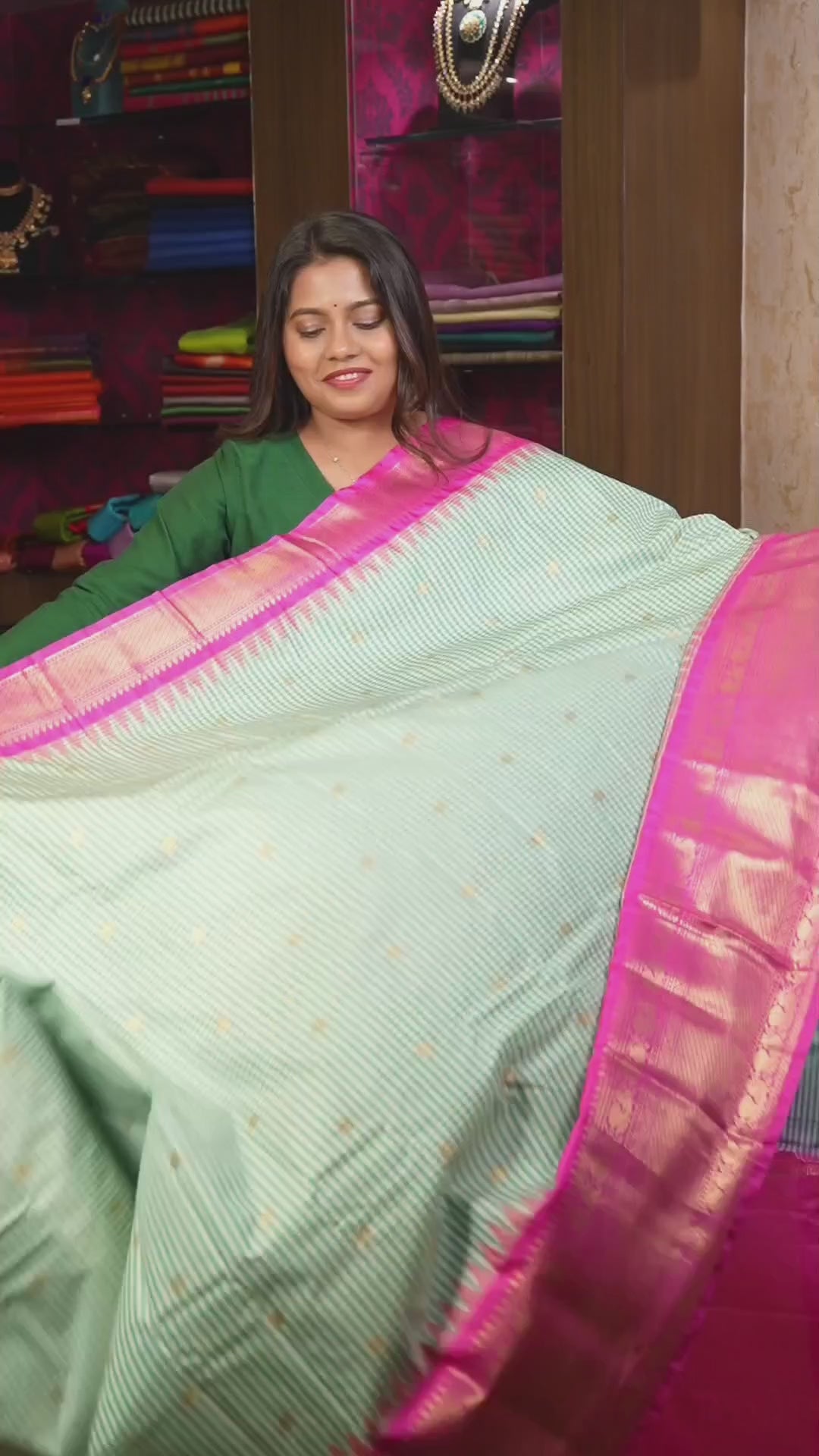 Light Green Kattam With Pink Semi Gadwal Silk Saree