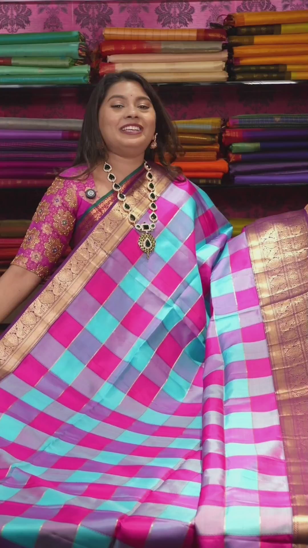 Blue And Rani Pink Kattam With Purple Long And Short Border Pure Soft Silk Saree