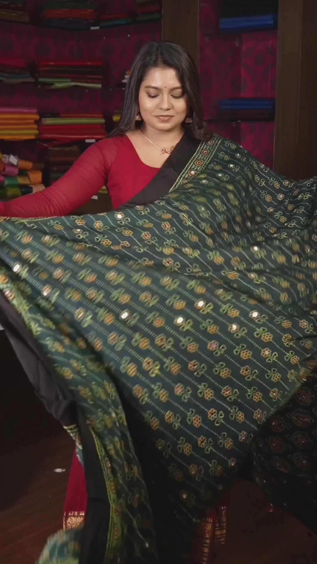 Green Mirror Ajrakh Modal Silk Saree