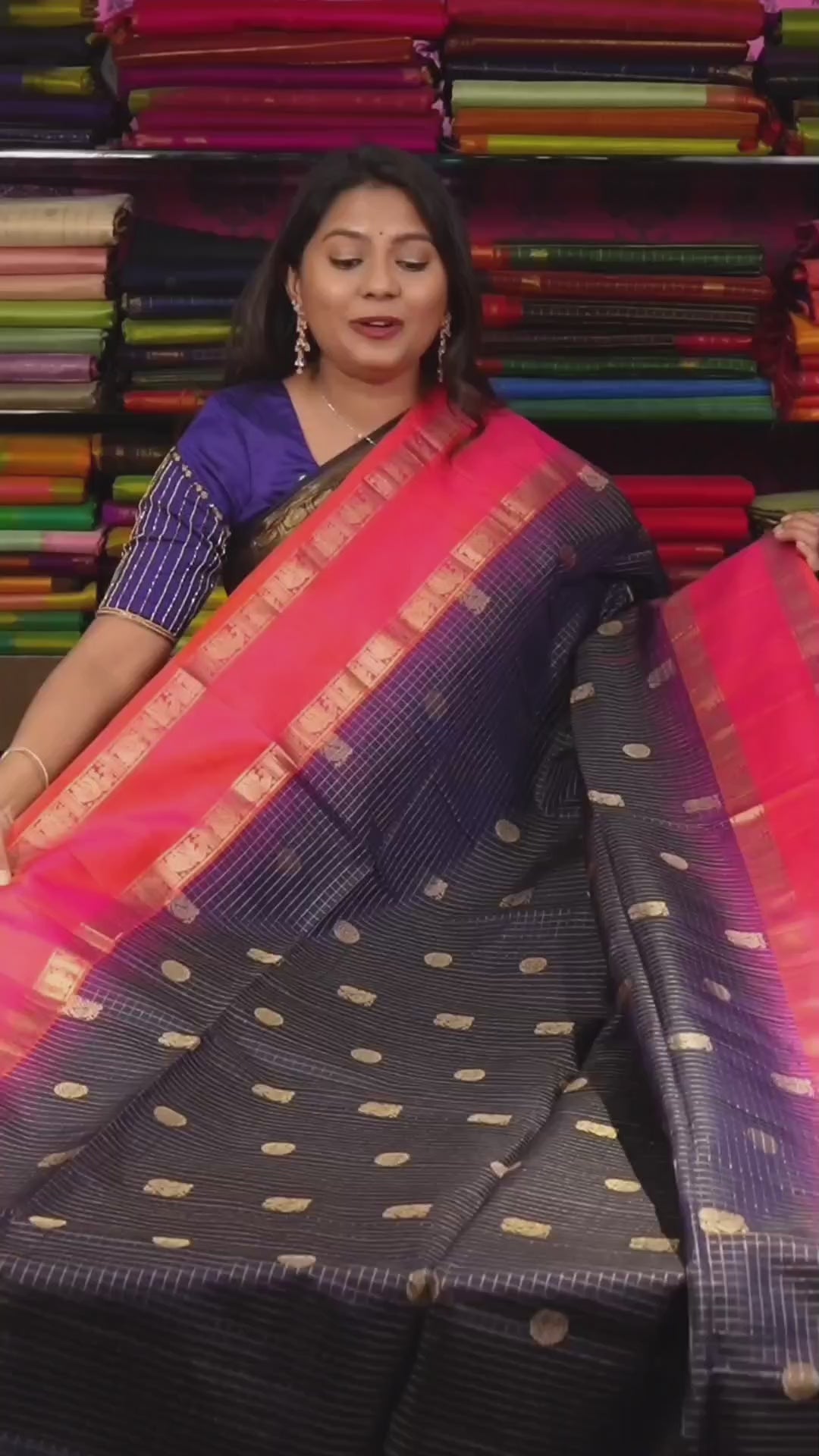 Navy Blue With Peach Orange Pure Soft Silk Saree