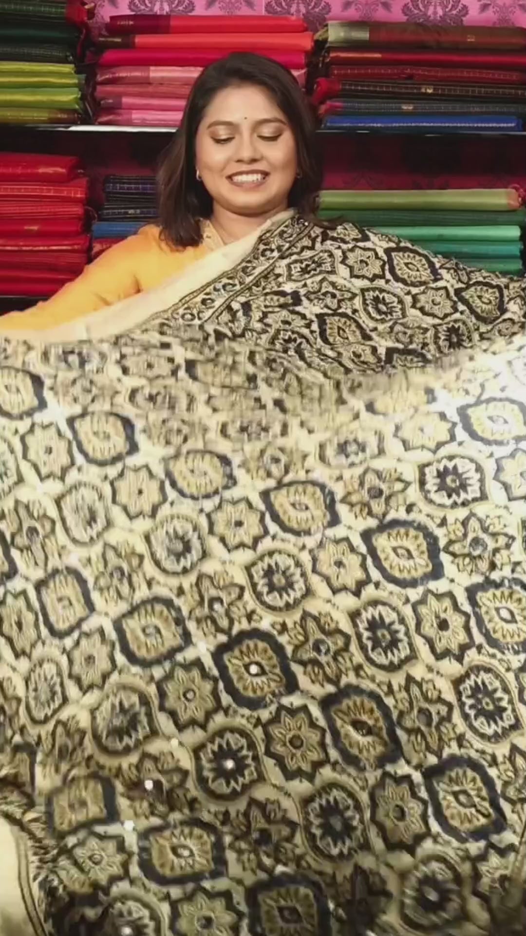 White With Green  Mirror Work Ajrakh Modal Silk Saree