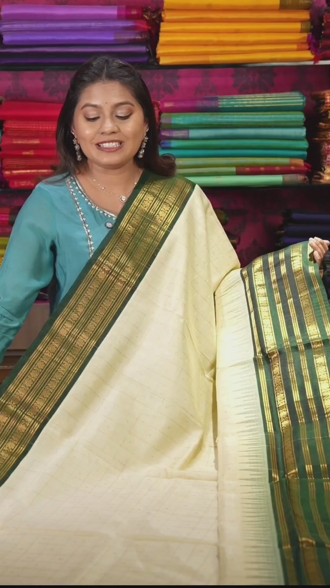 White With Dark Green Pure Silk Cotton Saree