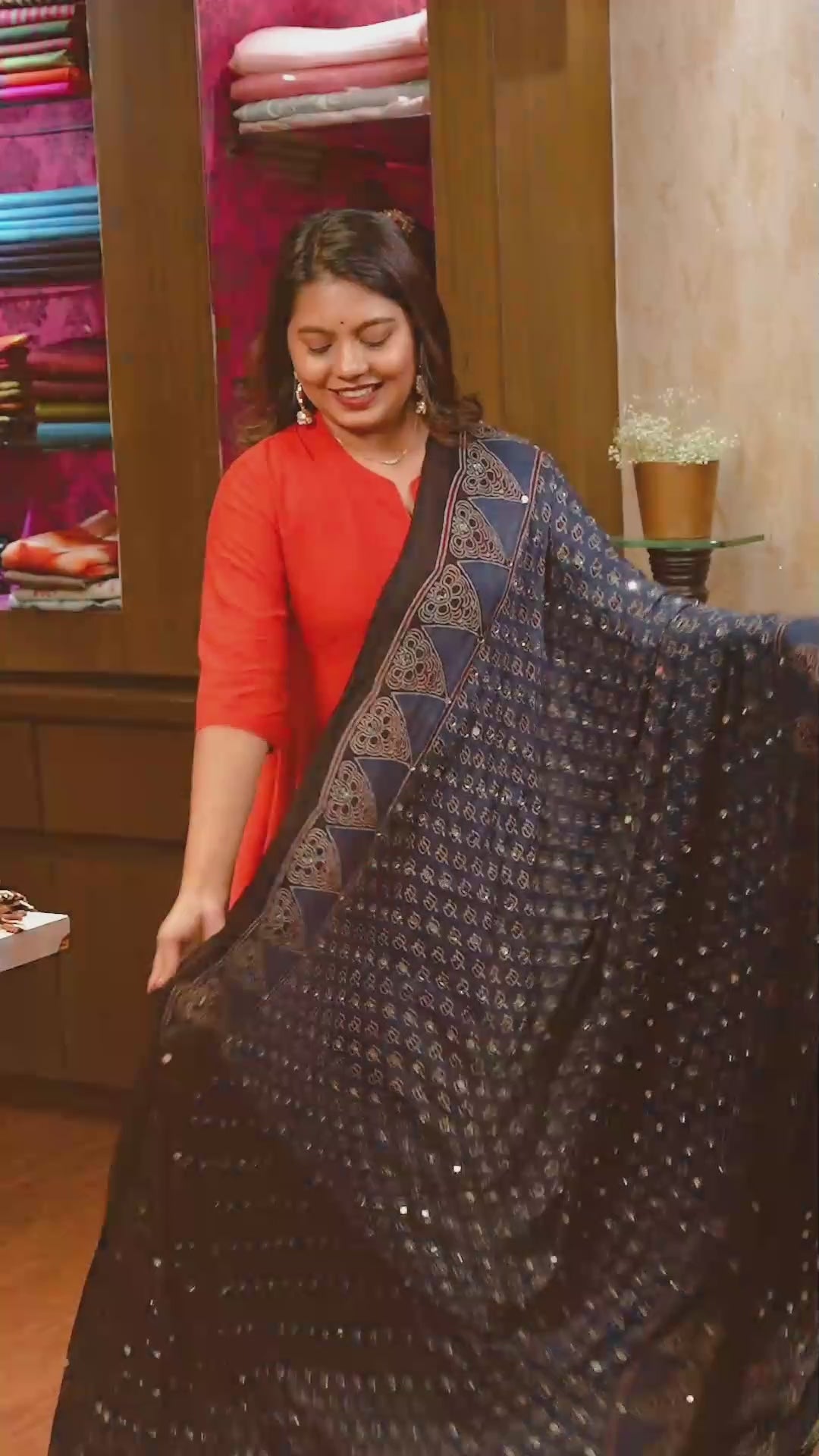 Blue Lotus Mirror Work Ajrakh Modal Silk Saree