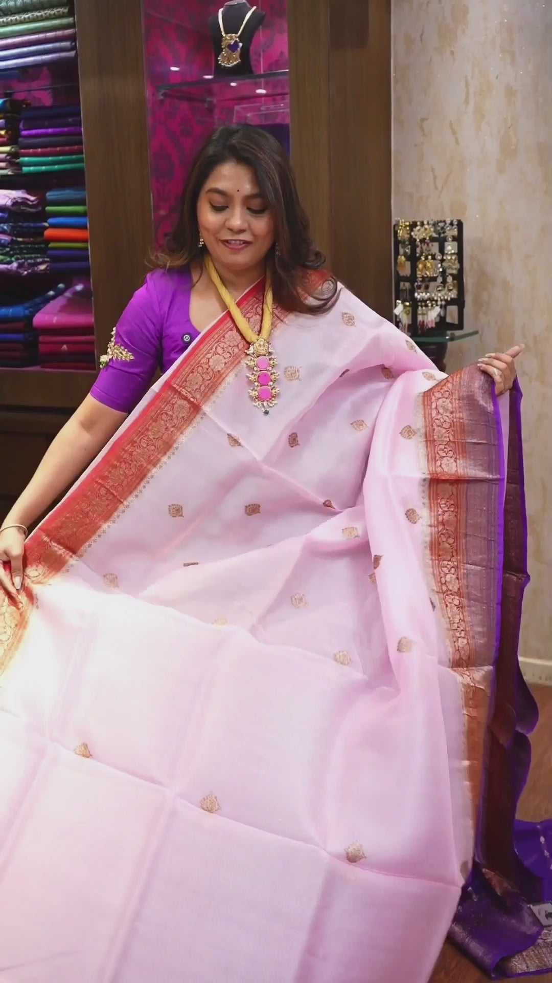 Lilac Pink With Red Brown Banarasi organza saree
