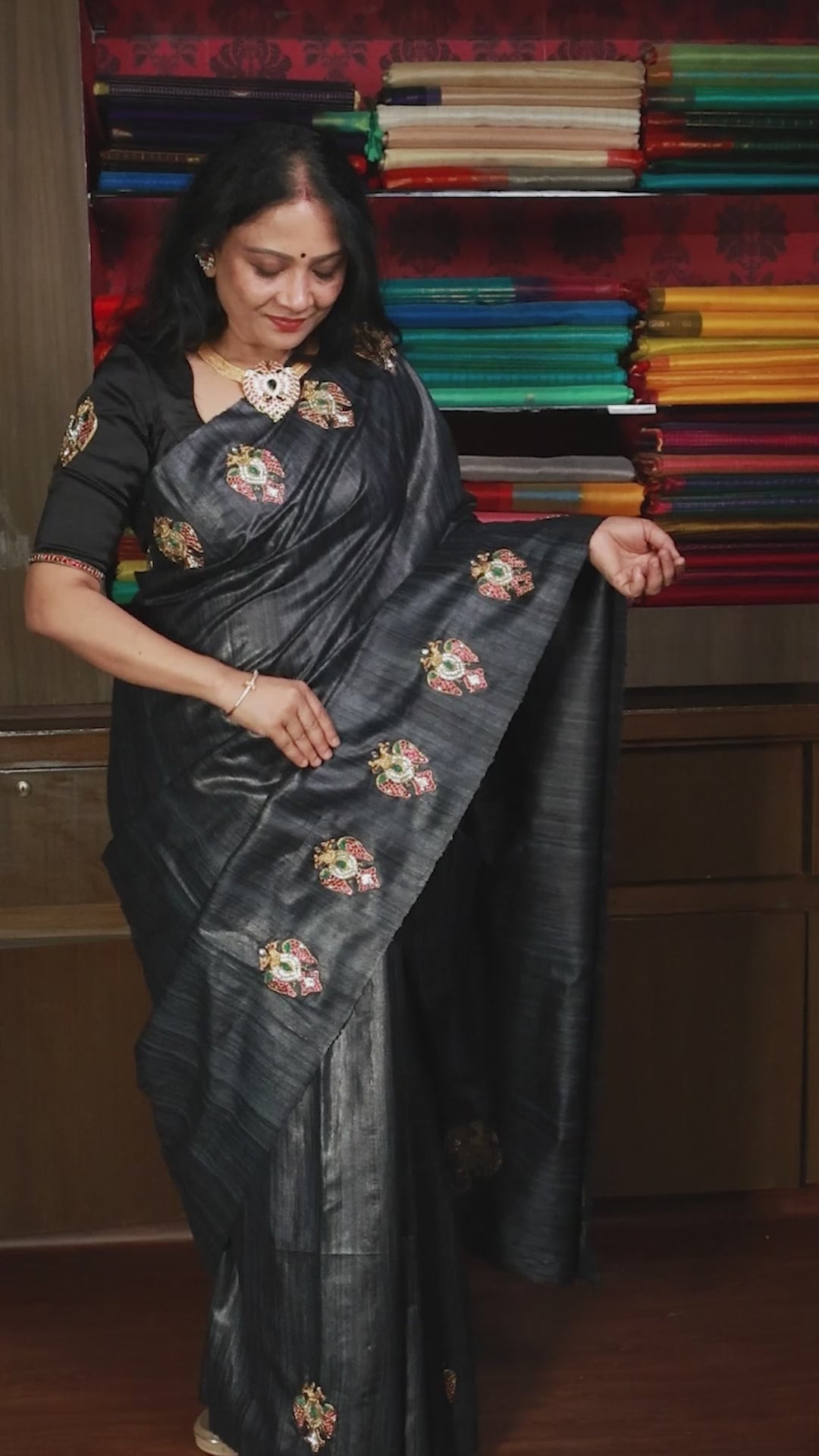 Black Ganda Berunda Pure Tussar Silk Saree