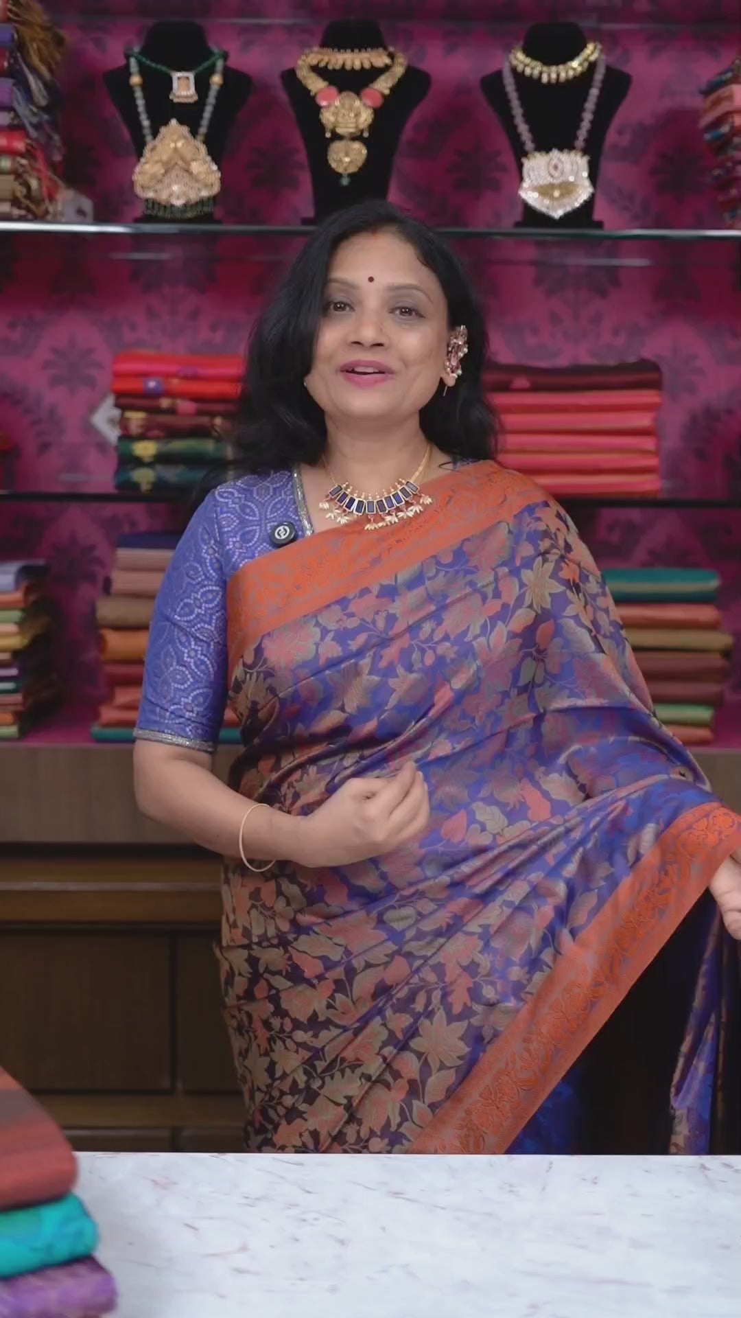 Royal Blue With Orange Pashmina Silk Saree