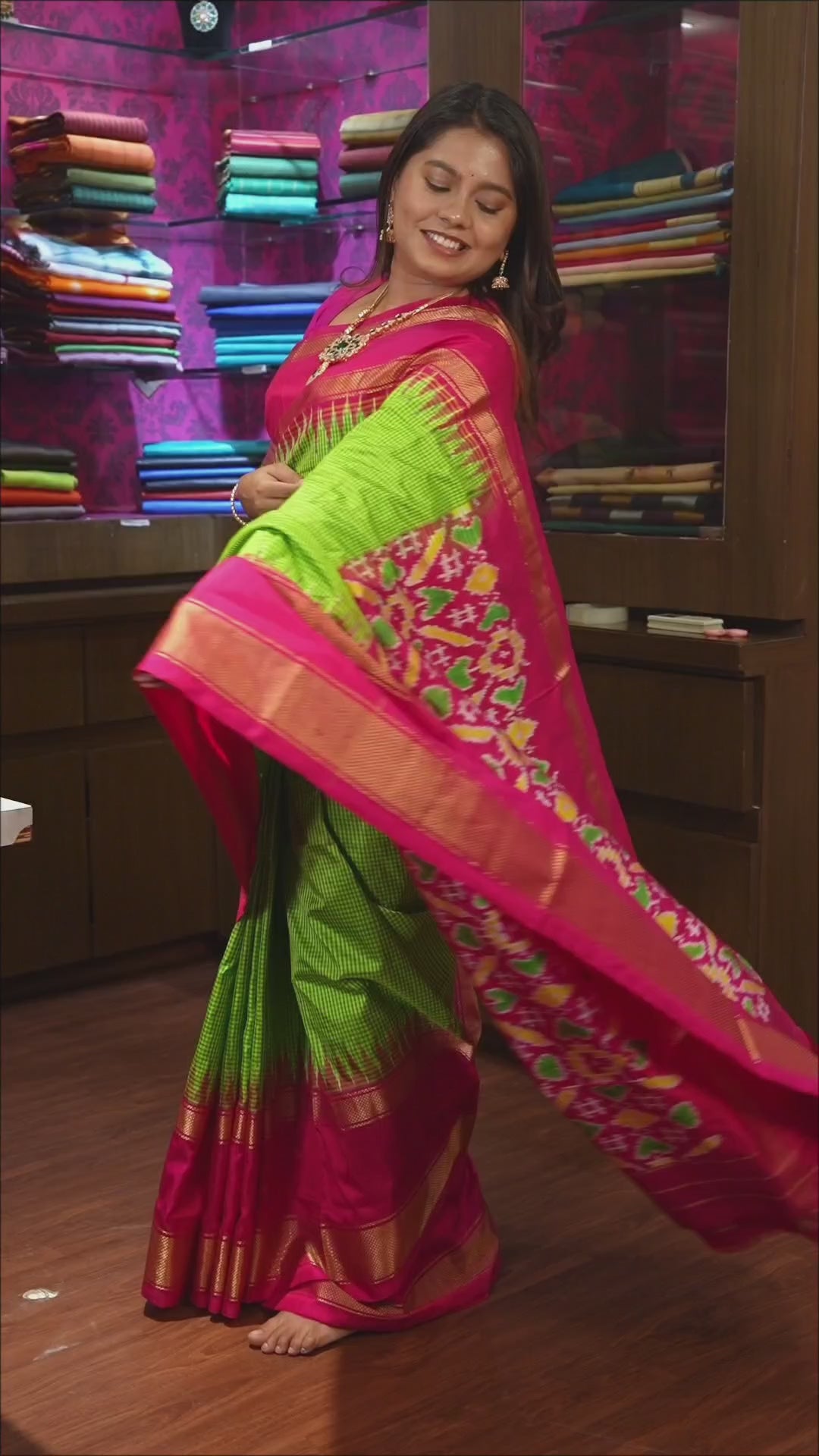 Parrot Green Checks With Magenta Pink Pure Ikat Silk Saree