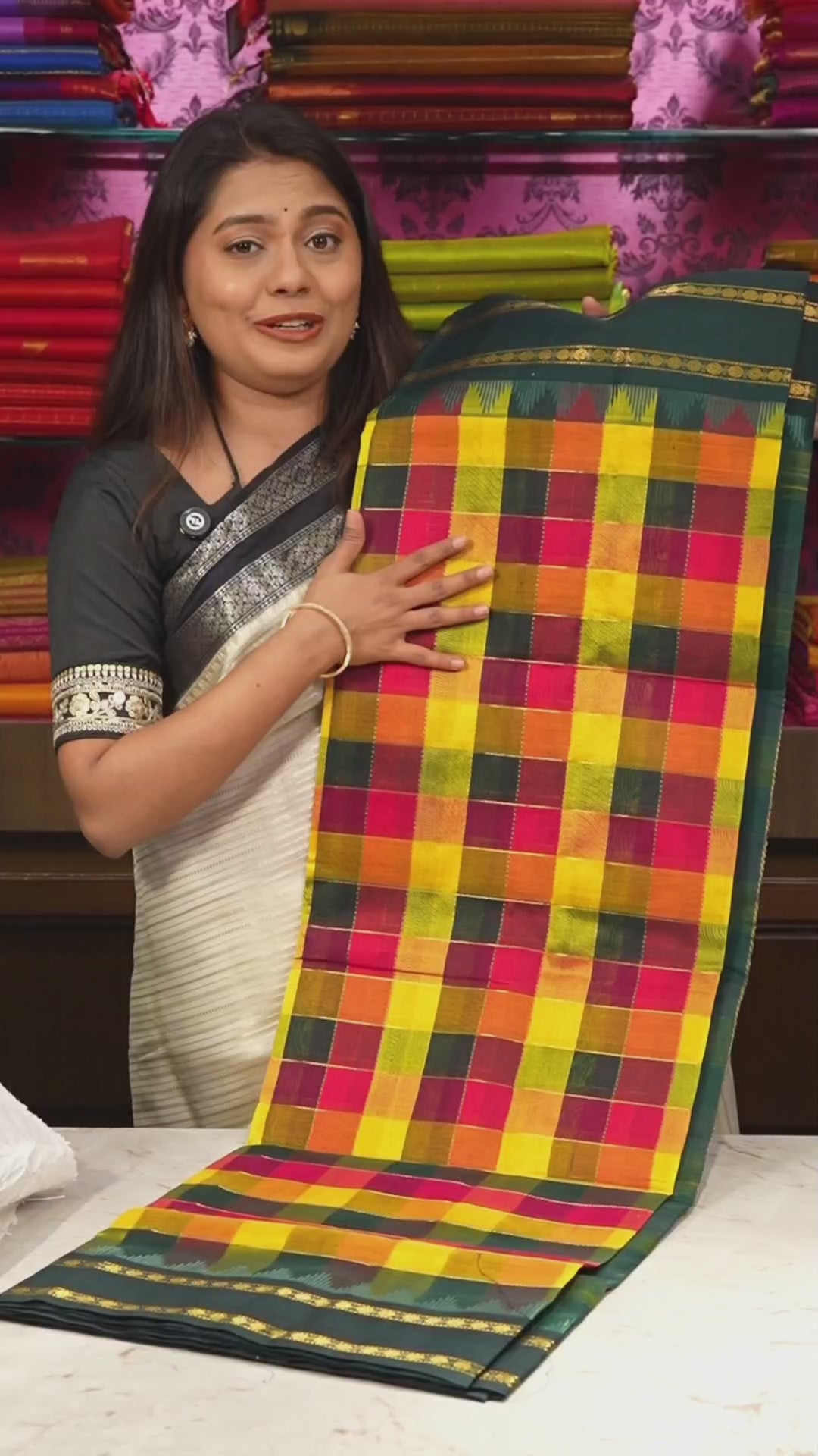 Multi Color Pazhum Pazhamum With Green Border Pure Silk Cotton Saree