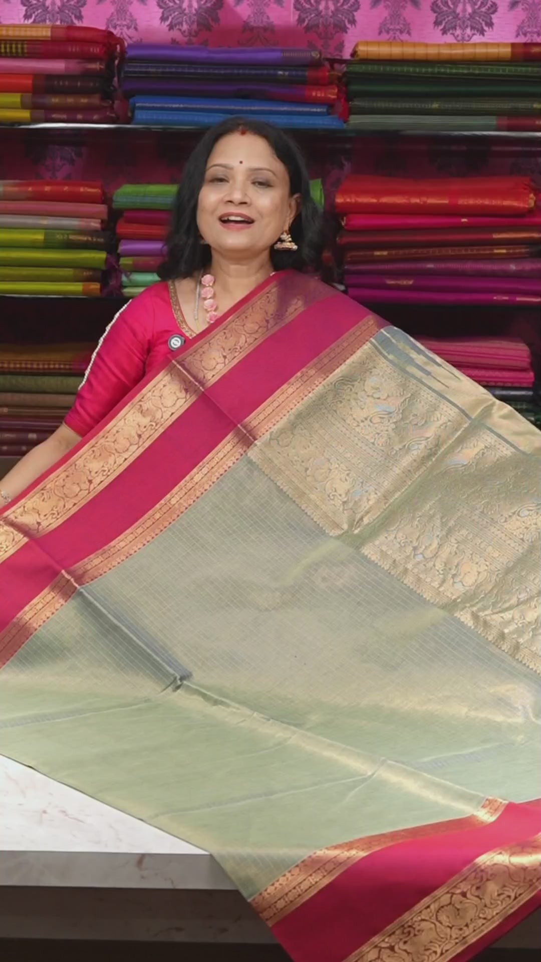Pastel Green With Magenta Pink Payadi Chettinad Silk Cotton Saree