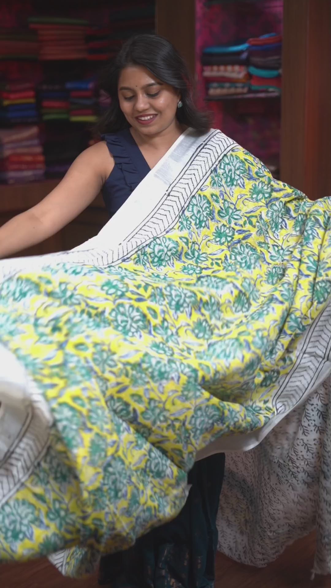 Yellow With Green Linen Cotton Saree