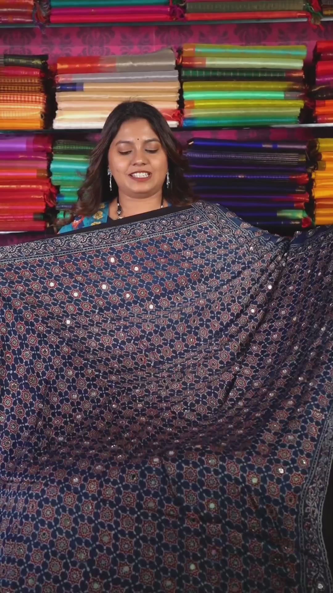 Blue Mirror Work Ajrakh Modal Silk Saree