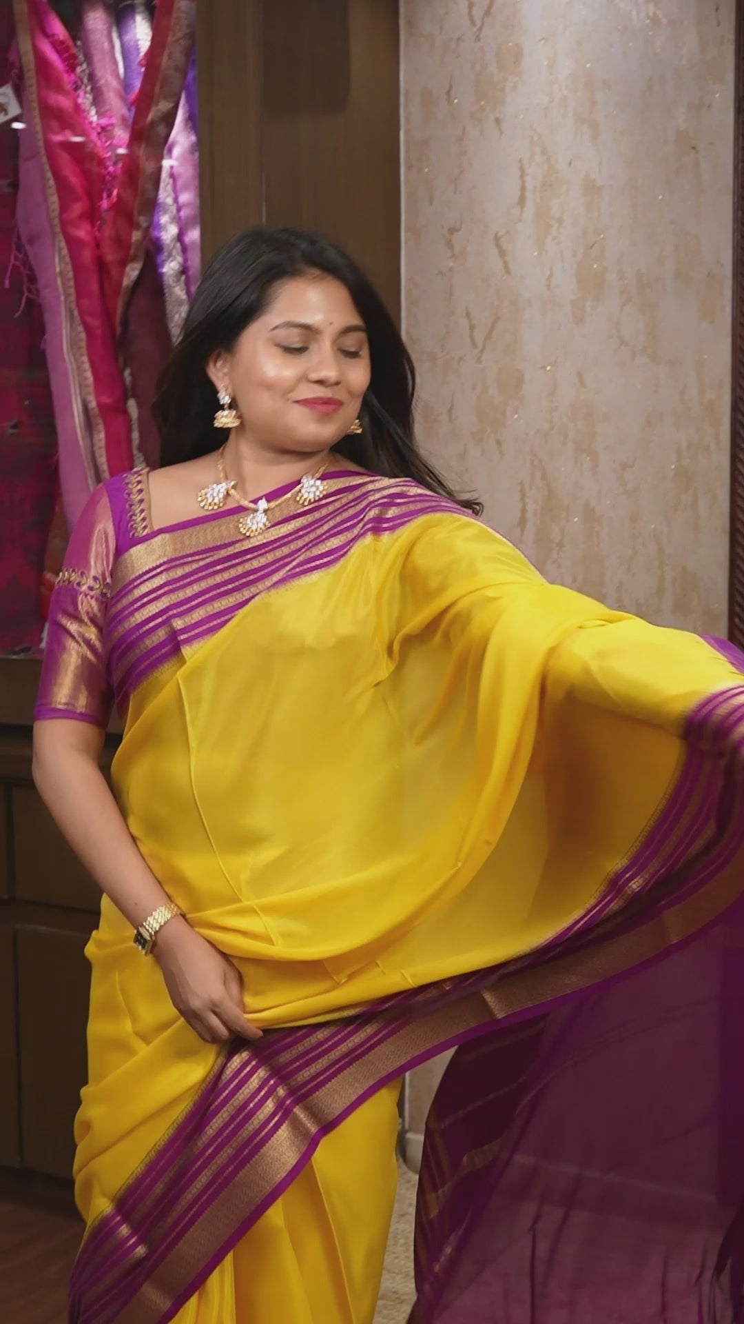Yellow With Purple Mysore Silk Saree
