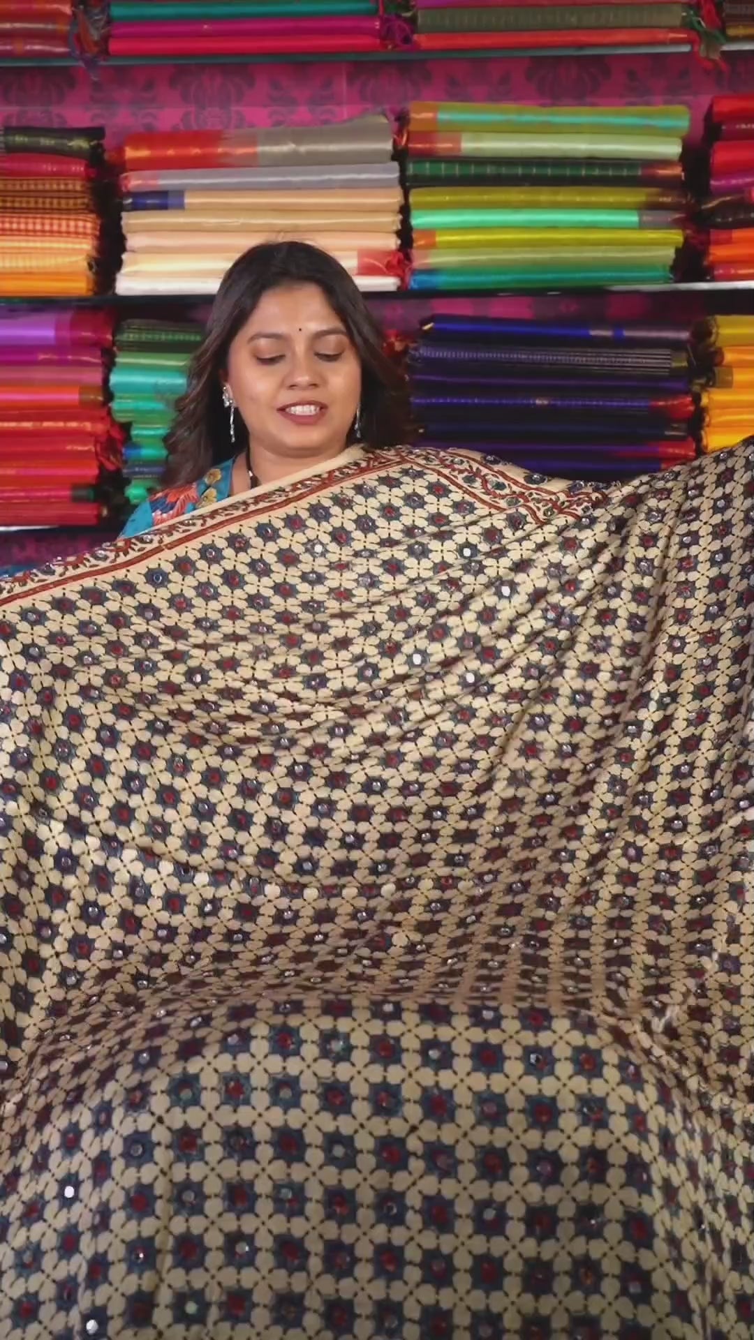 Ivory Mirror Work Ajrakh Modal Silk Saree